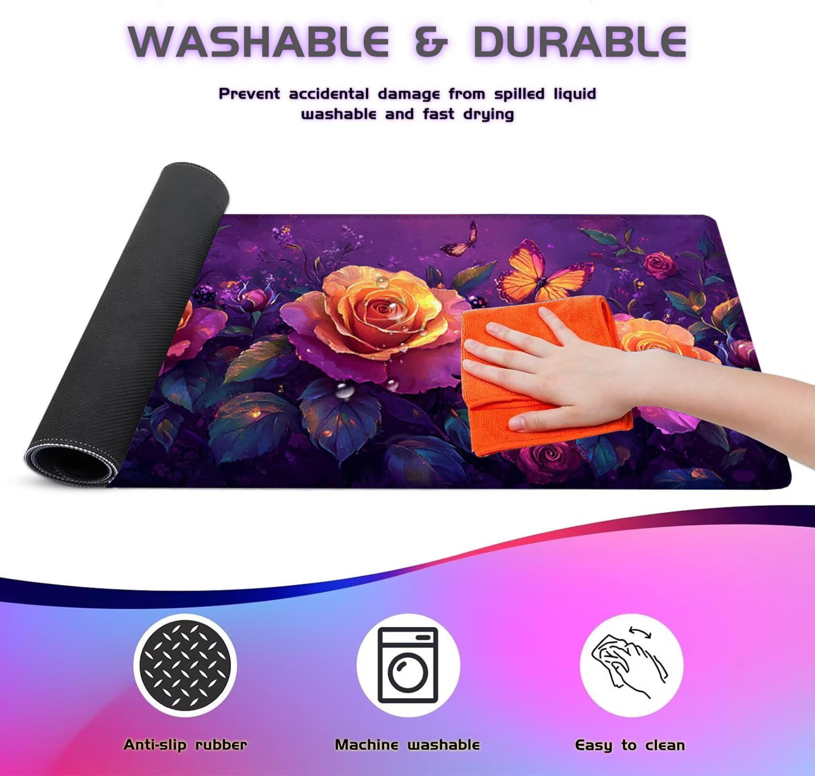 Gamingowa podkładka pod mysz XXL, 1200 x 600 mm, róża, motyle, podkładka na biurko z antypoślizgową gumową podstawą, szyte krawędzie, poprawia prędkość, precyzja, akcesoria gamingowe X1-372