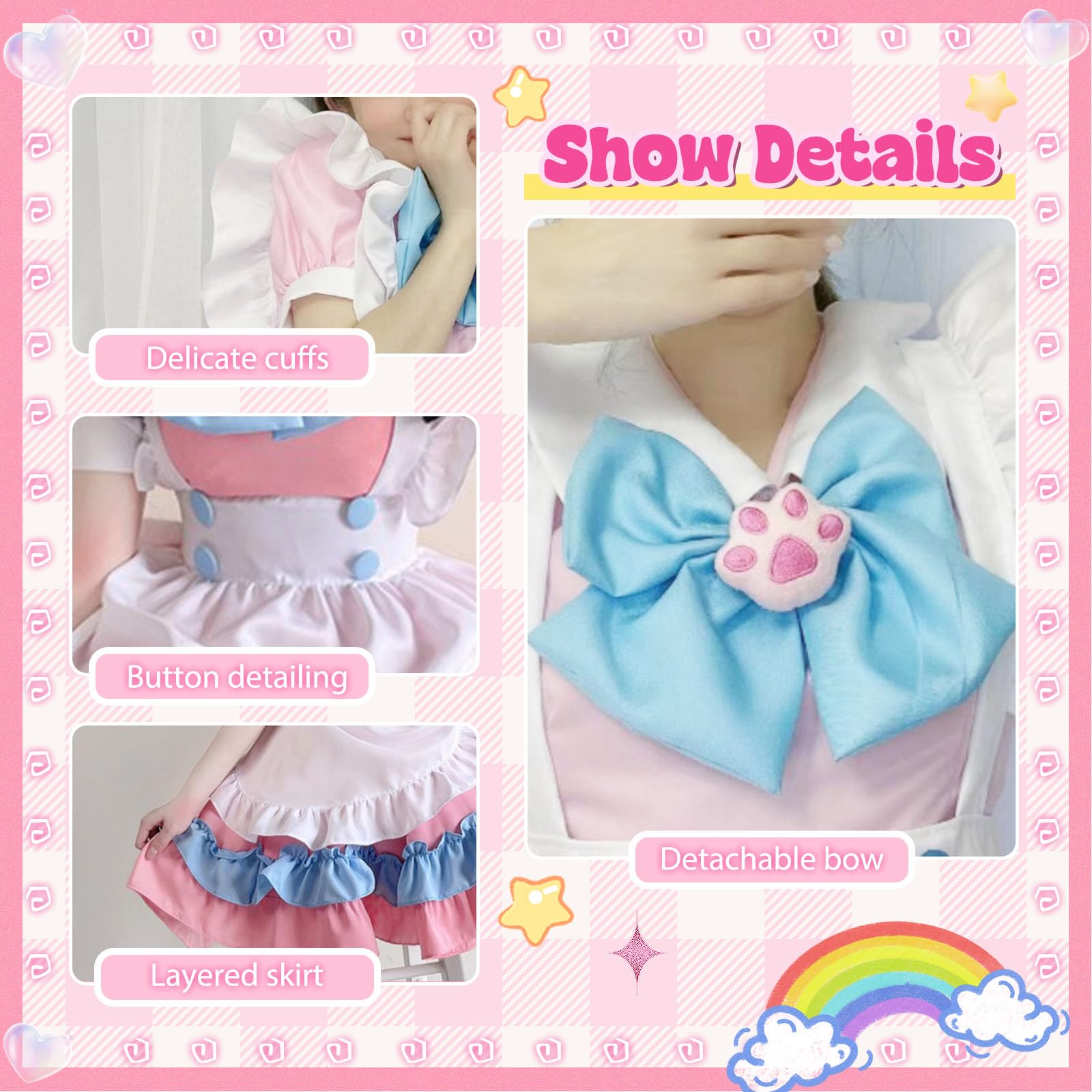 Maid Dress Damen Anime French Maid Outfit Lolita Dienstmädchen Kleid Lolita Dress mit Katzenohren Stirnband Handschuhe Strümpfe für Halloween Karneval Cosplay Party