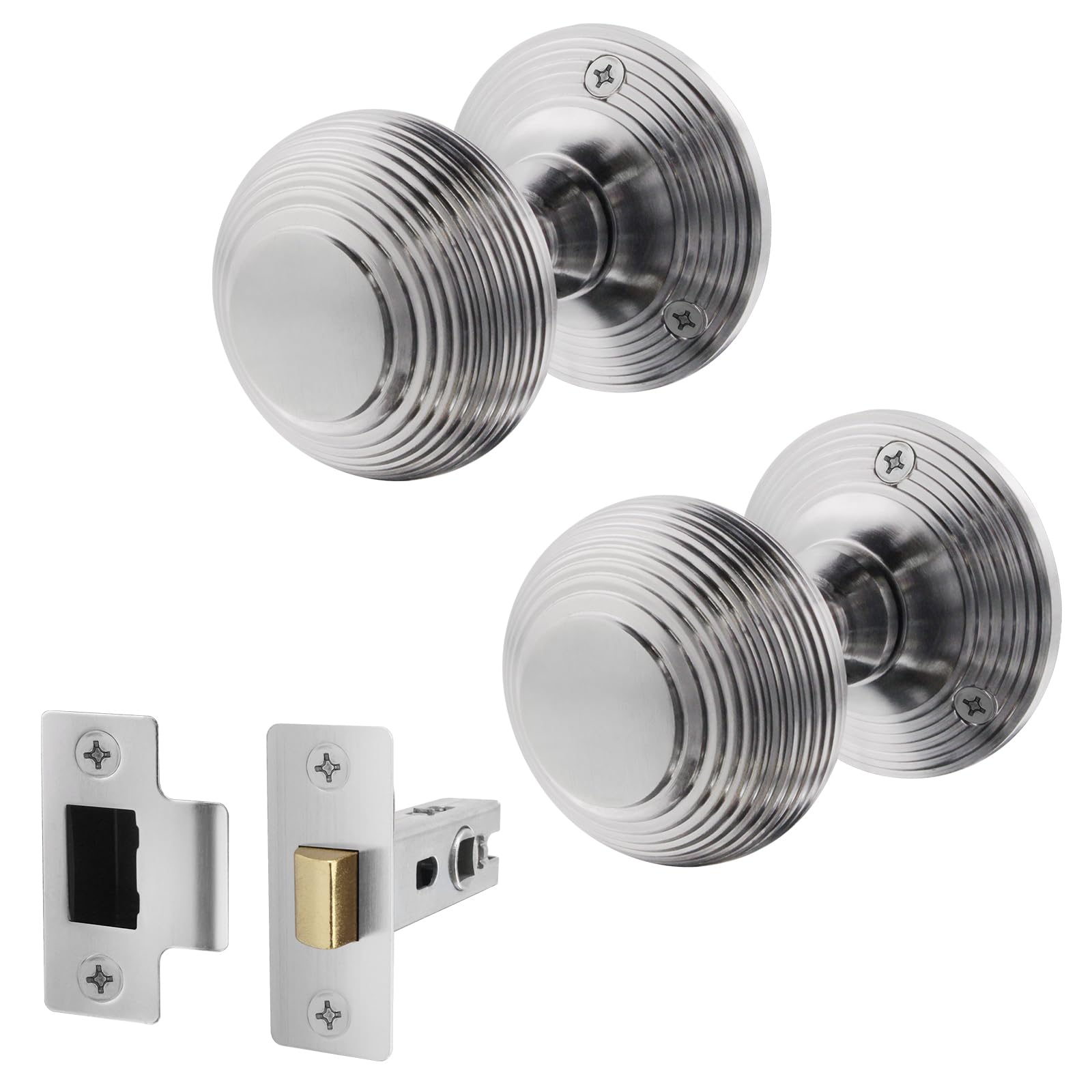EAI Beehive Door Knob Set Satin Chrome | 1 Pair of Reeded Mortice Knobs (55mm) & Latch (76mm) for Internal Doors