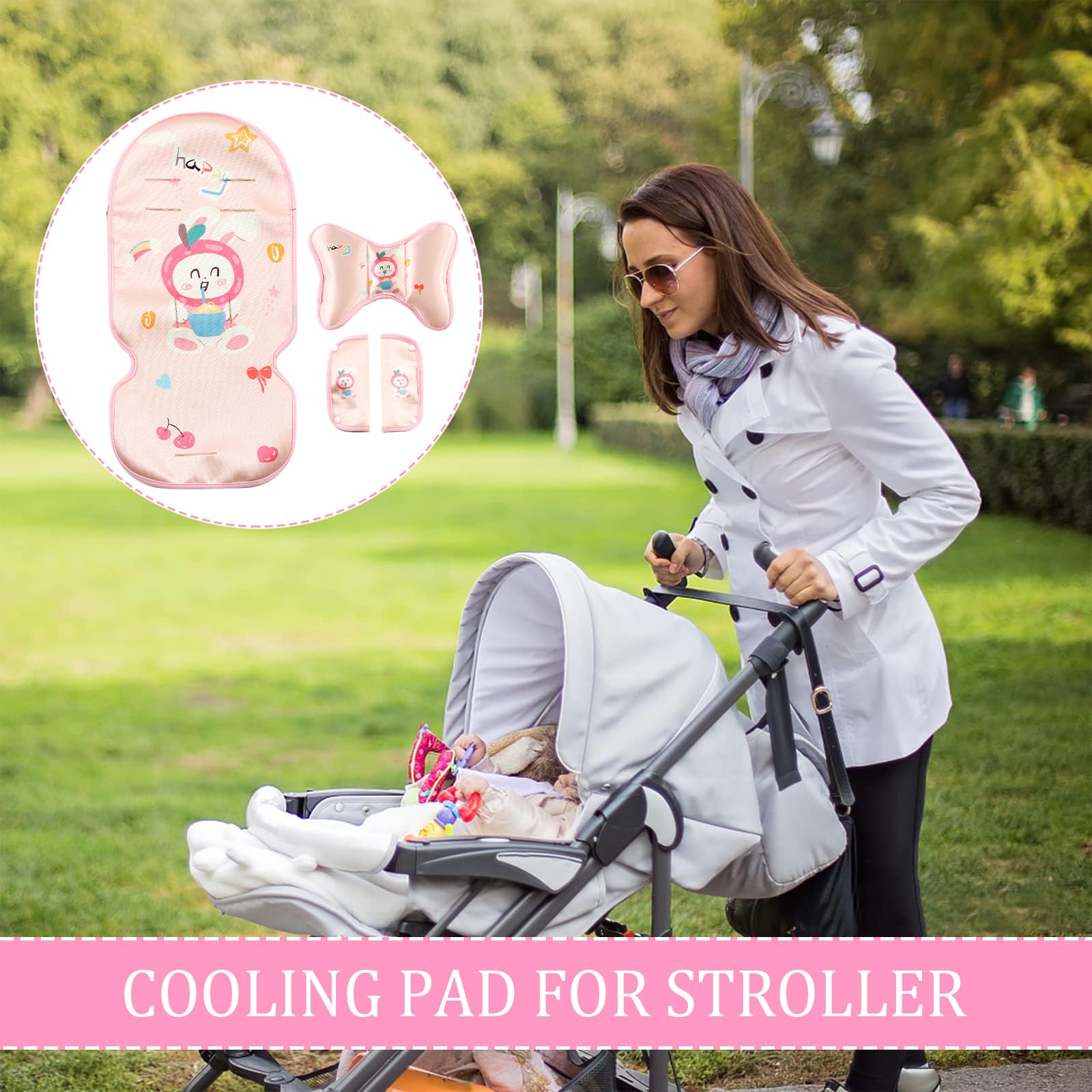 Sitzauflage Kinderwagen Sommer Kinderwagen, 5 Punkt Gurt Kühlkissen Weiche Atmungsaktive, 3 Stück Kühler, Kissen Schulterpolster, Kopfkissenkinder, Mit Niedlichen Tieren (Hase)