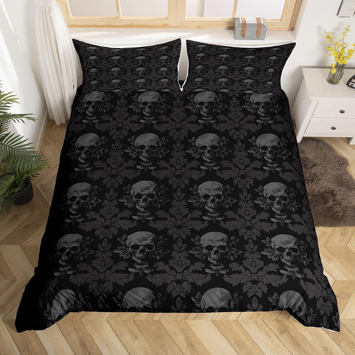 richhome Damask Floral Duvet Cover Single Size Vintage Jacquard Skull Bedding Set for Kids Boys Girls Decor Exotic Floral Comforter Cover Soft Microfiber Black Bedroom Decor Bedclothes
