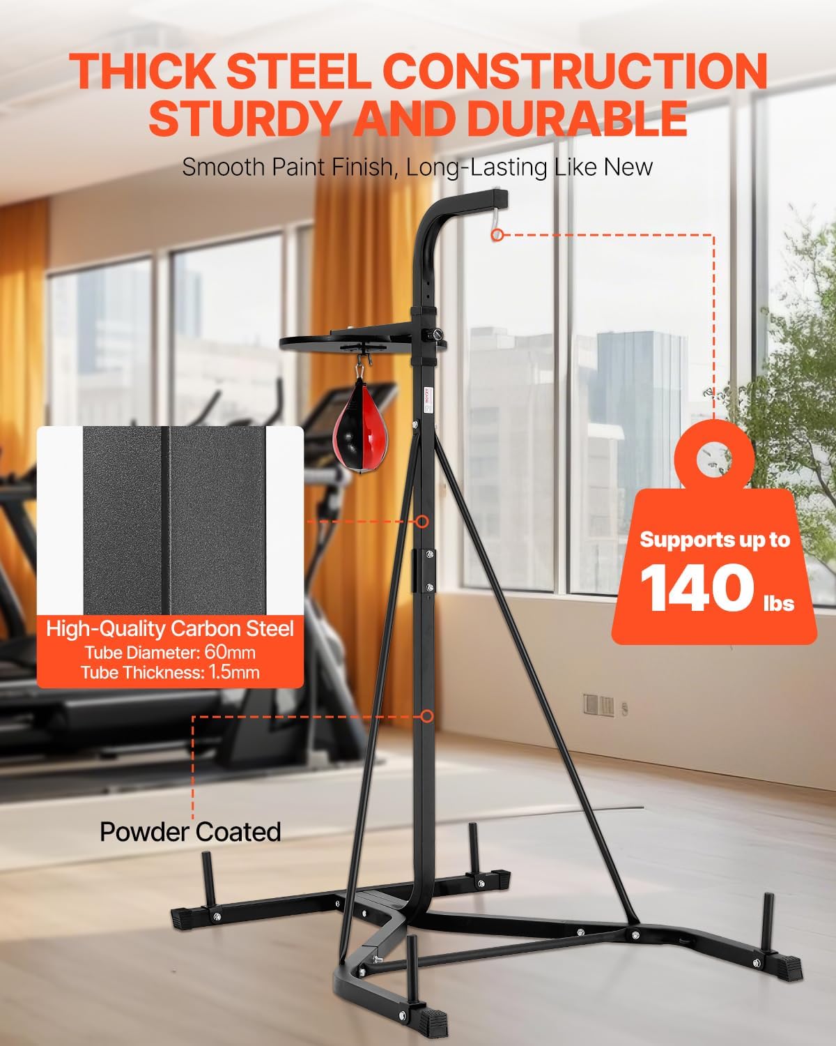 Diagram illustrating the adjustable height feature of the VEVOR punching bag stand, showing height settings from 159cm to 173cm.