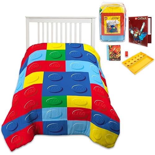Lego Bedding Set Twin Size Bed - Bundle with Building Brick Microfiber Twin Size Comforter Plus Folder, Mini Notebook, More | Lego Bedding and School Set for Boys, Kids