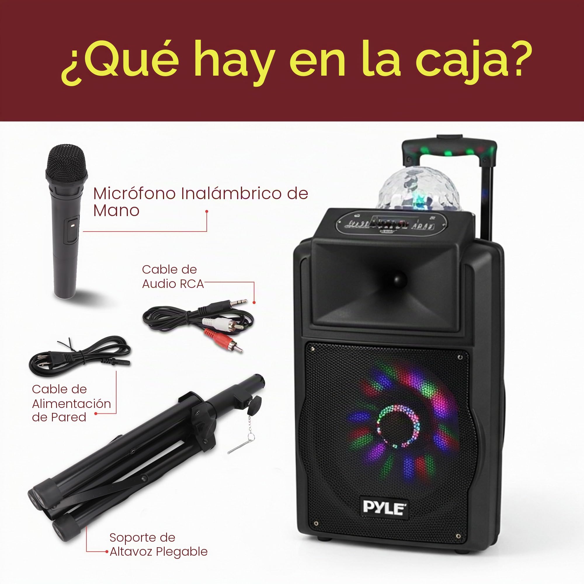 Pyle Sistema de Altavoces, PA, 700W, Bluetooth, microfono, portatil, Recargable, Interiores, Exteriores, función de grabación, micrófono, Luces de Fiesta, Radio USB/SD, Color Negro