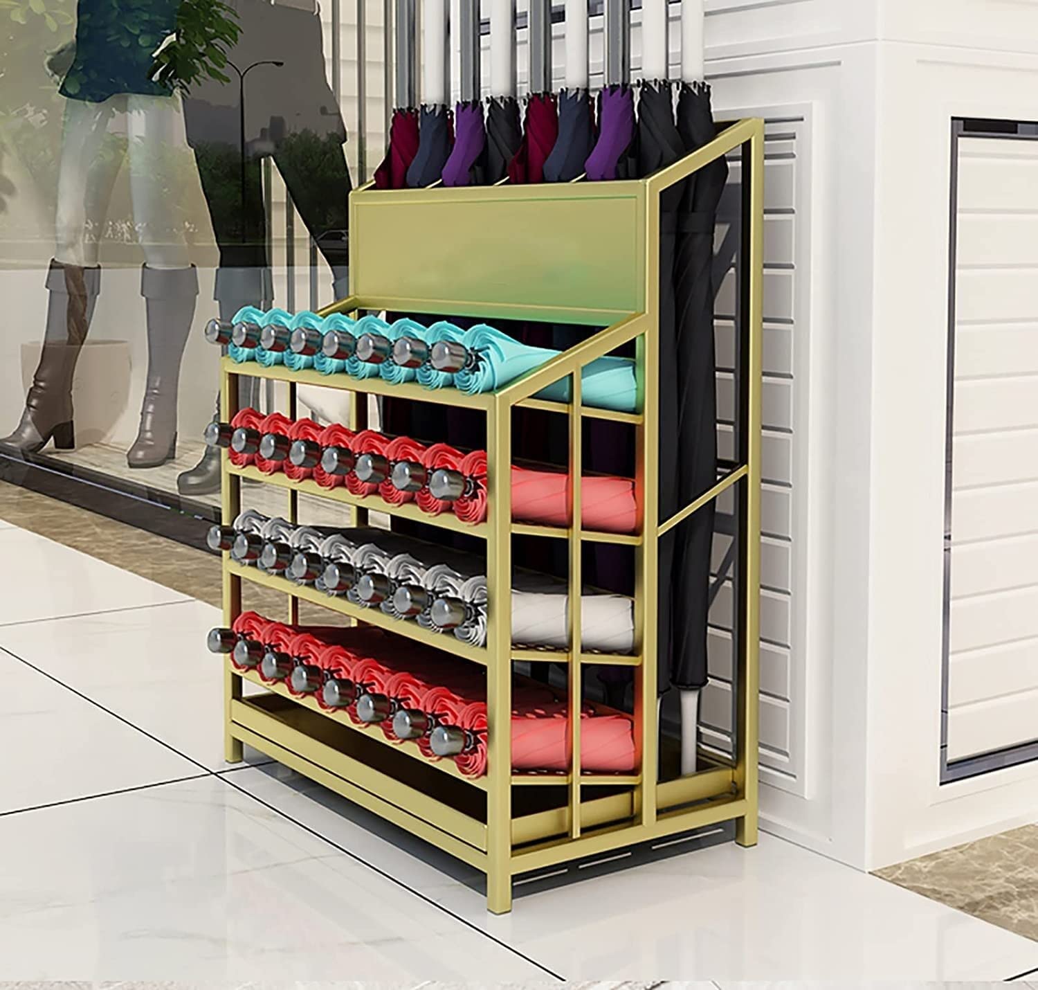 Portaombrelli multifunzione con vassoio antigoccia, portaombrelli a 4 ripiani, per hotel, scuole, negozi e casa, elegante portaombrelli blu per organizzare il corridoio