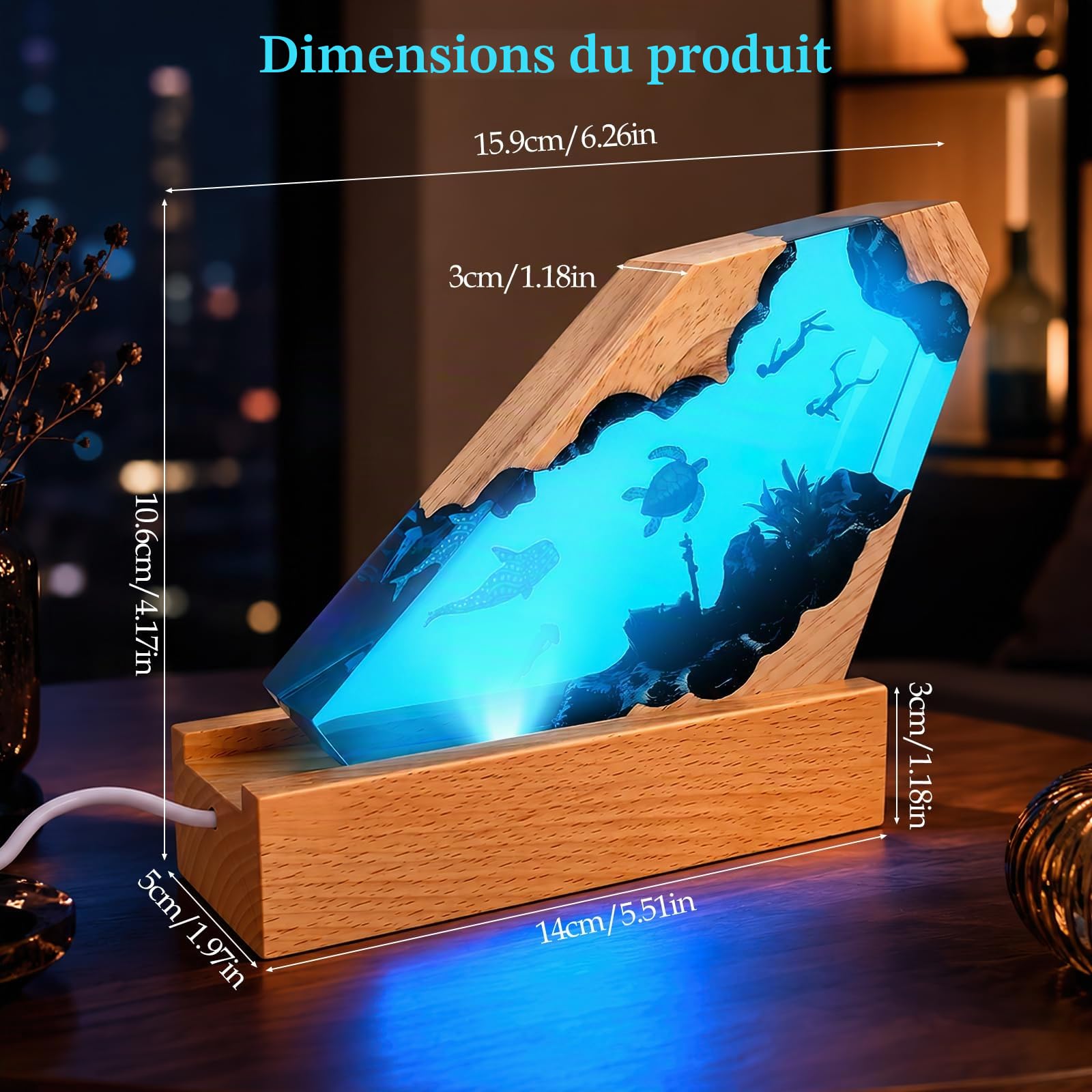 Lampe Océan Résine Époxy 3D, Veilleuse RGB 7 Couleurs Dimmable Socle Bois