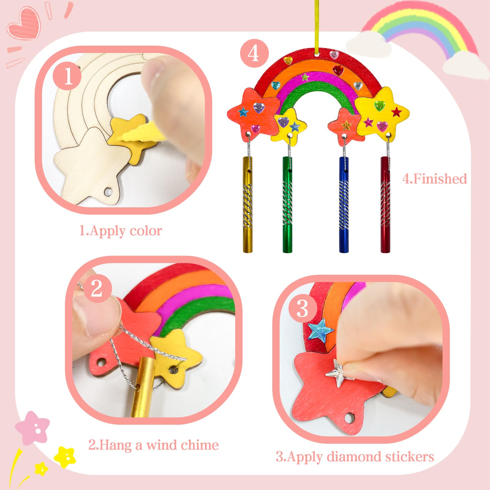 Kit Carillon à Vent Arc-en-ciel à Peindre – 12 Carillons DIY, Tubes Métalliques, Pinceaux Et Corde Inclus – Loisir Créatif Pour Enfant