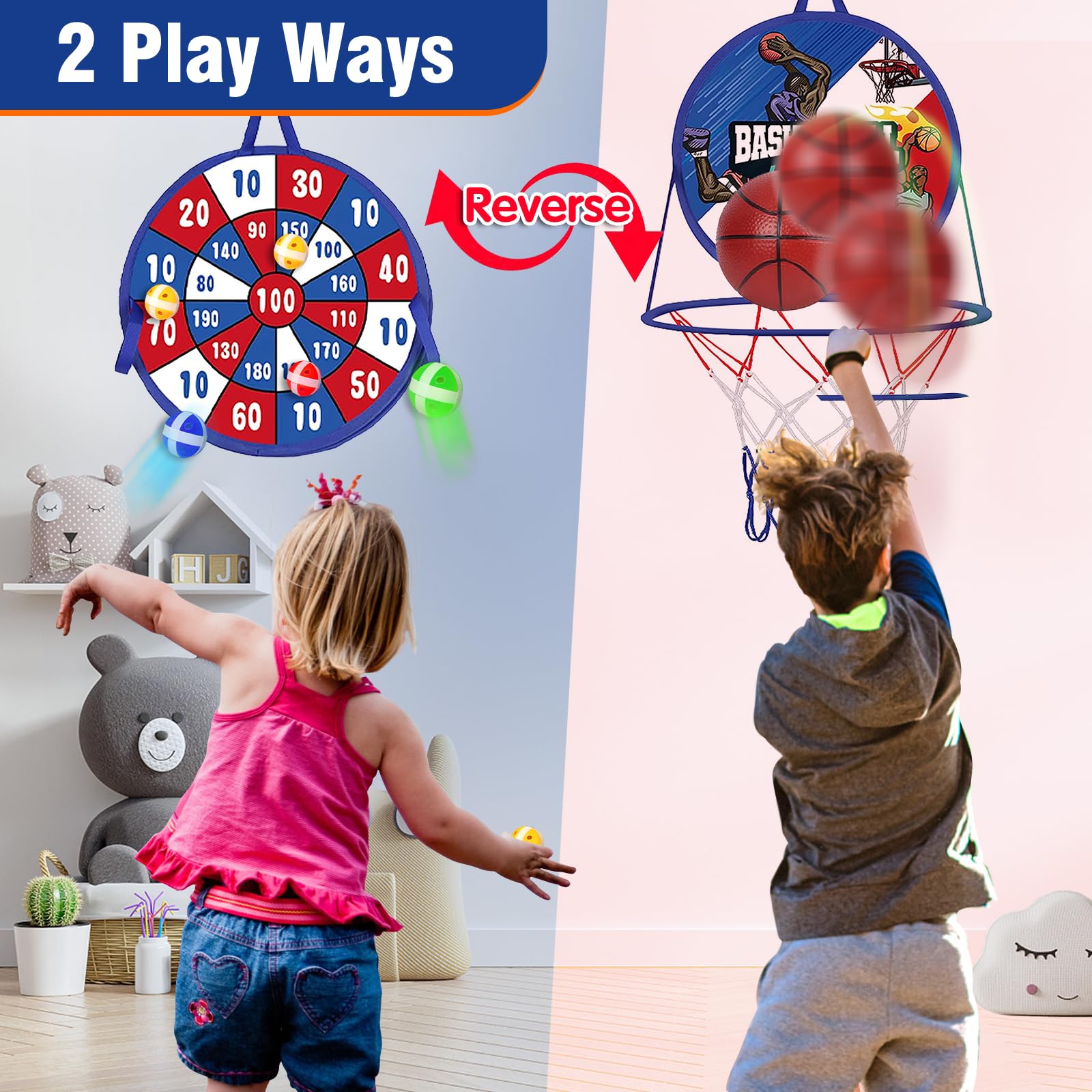 Canestro Basket con Bersaglio Freccette Set per Bambini,2 in 1 Giochi Freccette e Mini Giocattolo da Basket, Giochi Sportivo Pieghevole per Interni ed Esterni per Bambini Ragazzi Ragazze Regalo