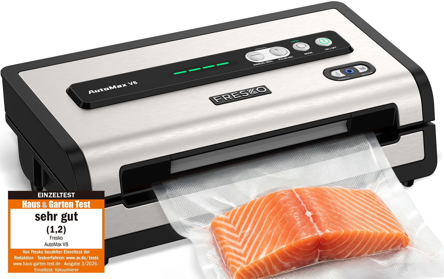 FRESKO Apparecchio Sottovuoto Automatico, 18 L/min Potenza Aspirazione Turbo, Comando a un Tasto, 1 rotoli di sacchetti, 10 Sacchetti Sottovuoto Pretagliati, V8 AutoMax
