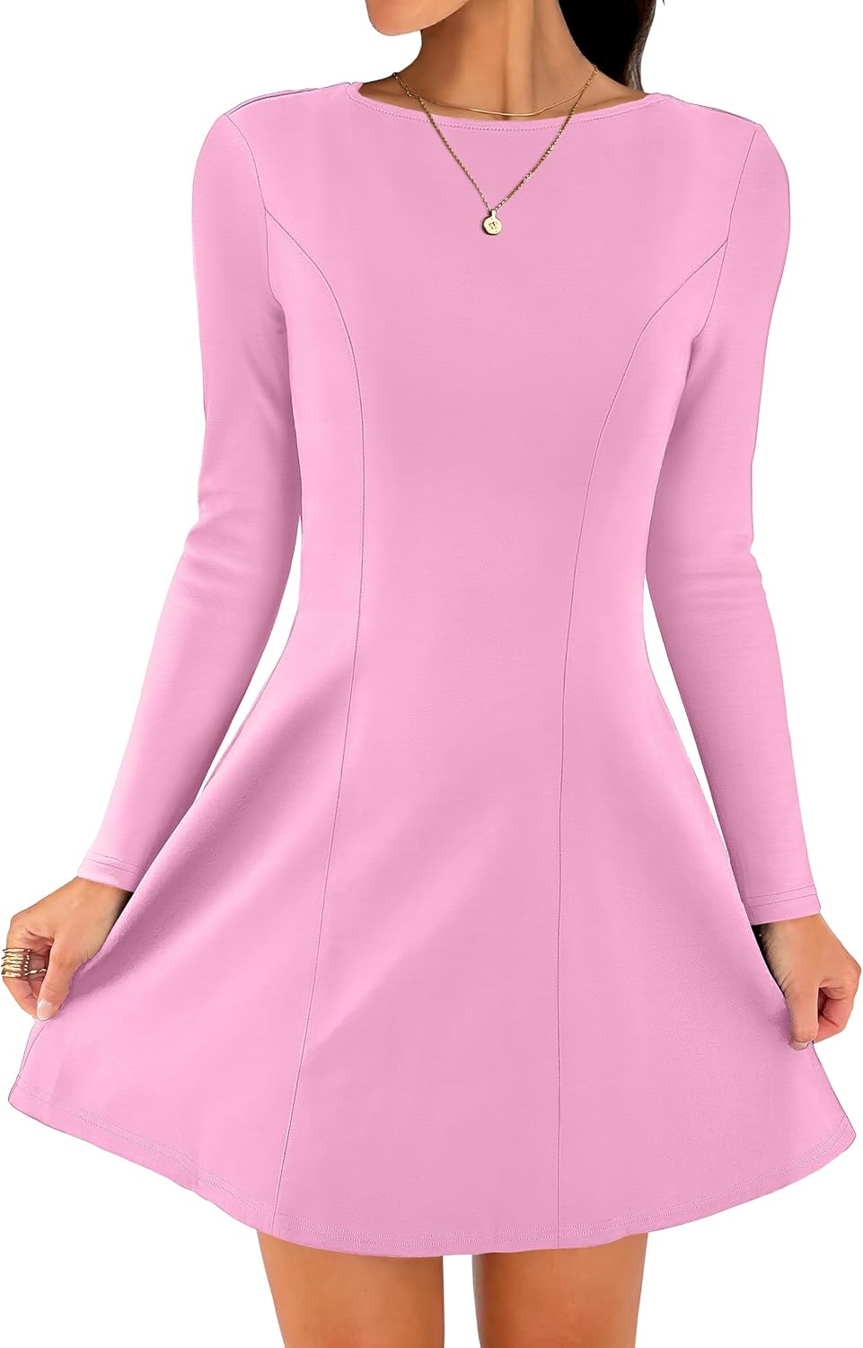 ANRABESS Women's Long Sleeve A-Line Mini Dress 2026 Spring Boat Neck Semi Formal Fit and Flare Casual Business Short Dresses