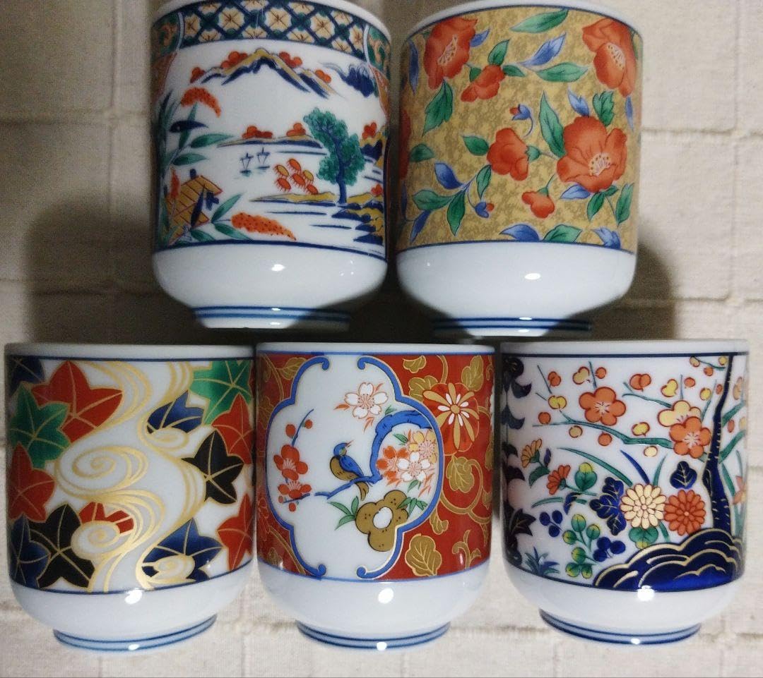 Amazon.co.jp: 有田焼 春雄苑窯 古伊万里 絵変わり お茶碗 湯呑み 9客