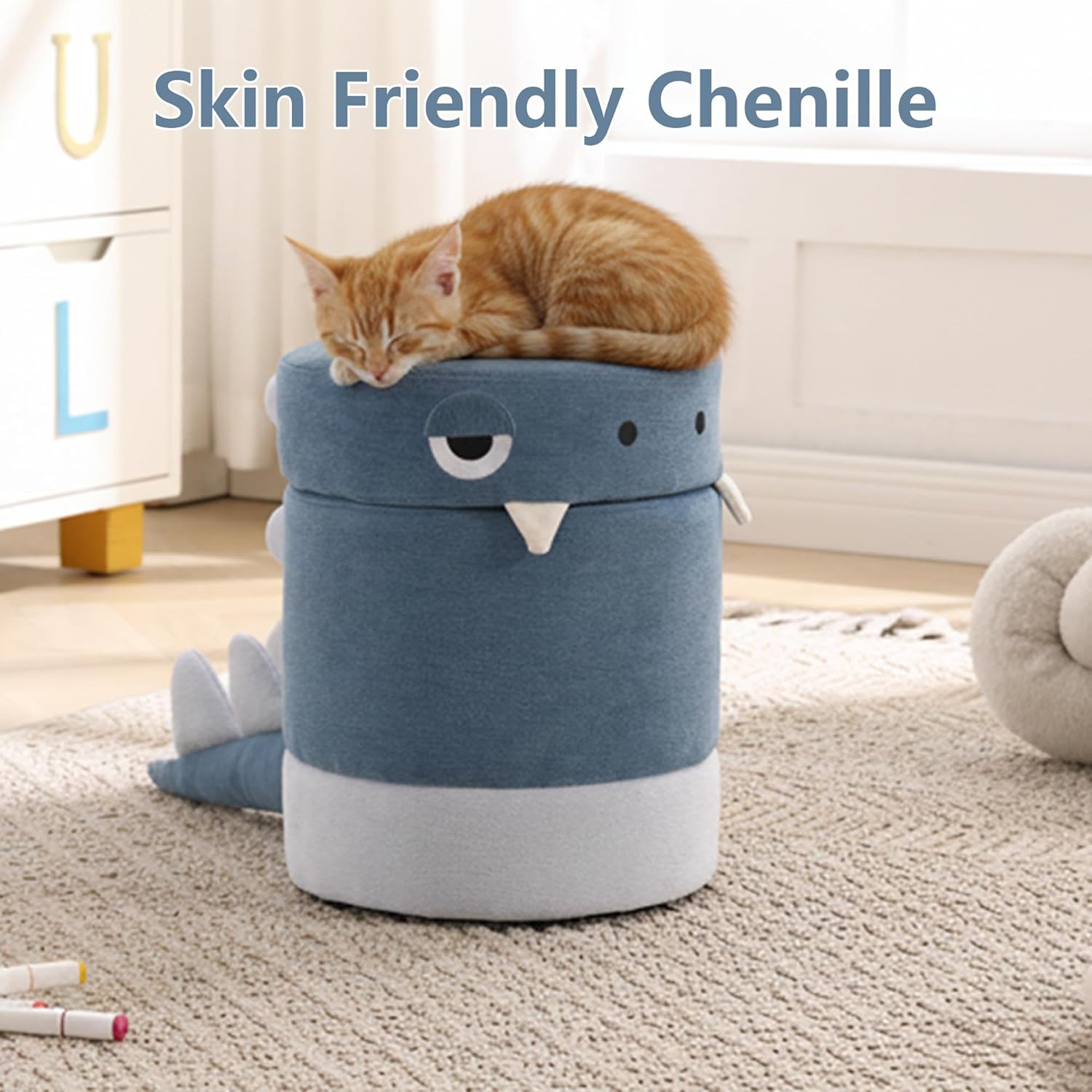 Dinosaur Toddler Chair with Storage, Comfy Chenille Kids Reading Chair, Plush Children Stool, No Assembly Kids Desk Chair for Girls Boys Gifts, Cute Storage Ottoman for Drawing/Dining, Blue