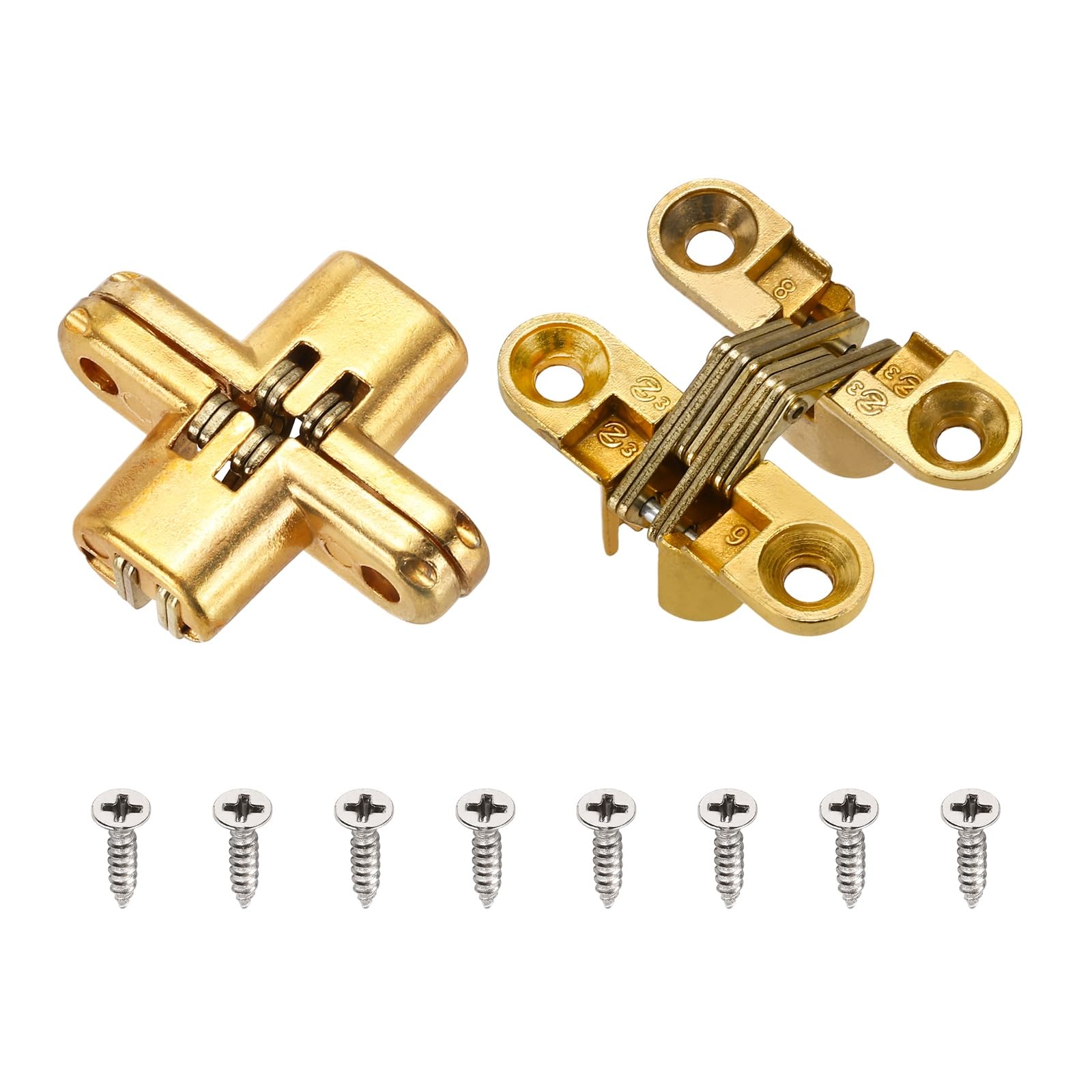 sourcing map 2Pcs Hidden Cabinet Door Hinges, 1.65" x 0.45" 180 Degree Cross Concealed Hinge for Wooden Box Invisible Door, Gold
