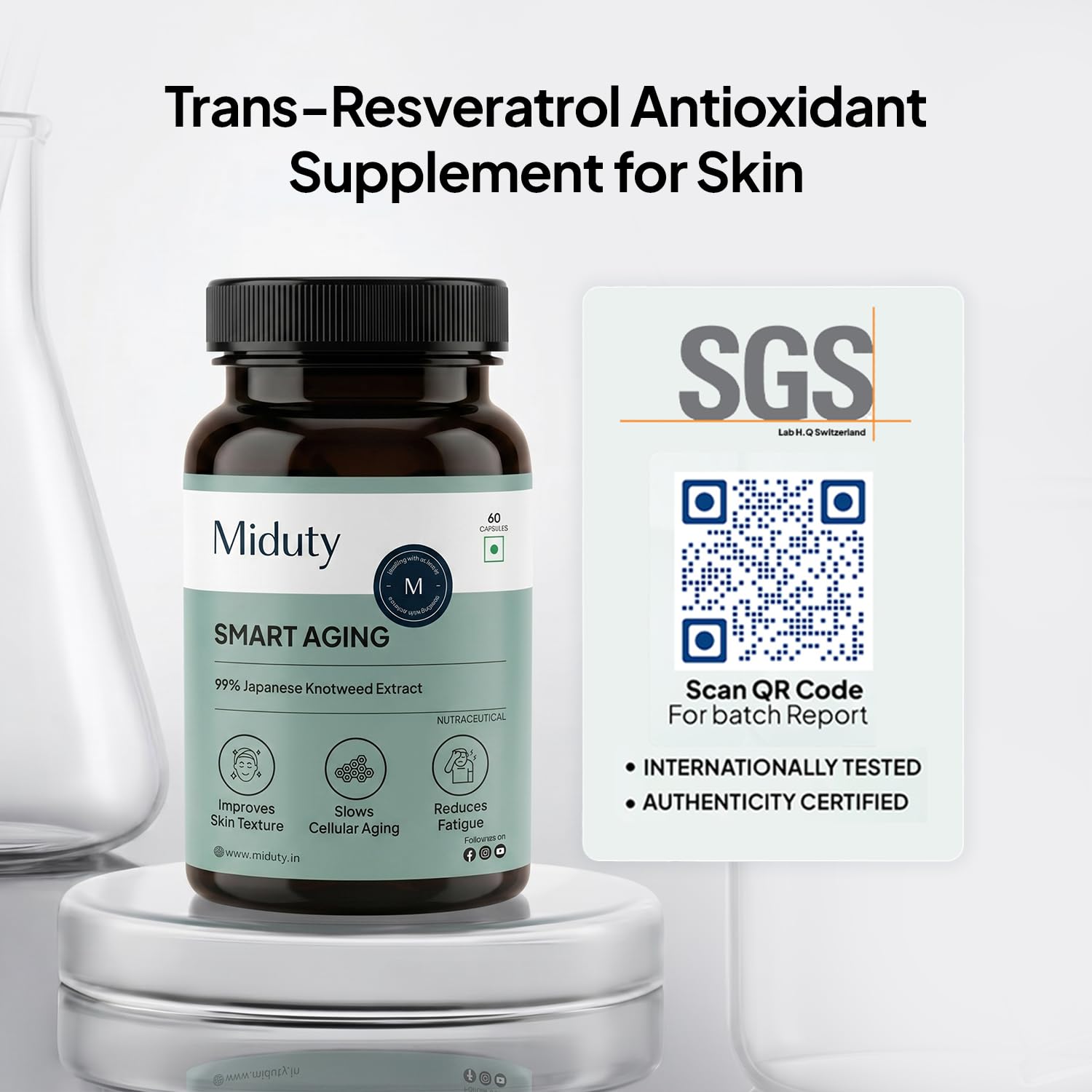 Miduty Smart Aging Trans-Resveratrol 99% | Anti-Aging Formula with Japanese Knotweed, Pomegranate & Green Tea Extract | Supports Fine Lines, Wrinkles, Skin Texture & Healthy Aging | 60 Veg Capsules 1