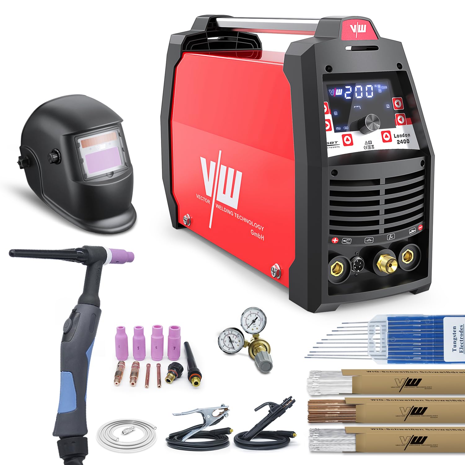 VECTOR WELDING Welder AC DC TIG 200A Pulse MMA, 4 in 1 Inverter Welder | Ignition HF, 9 Memories, 2T/4T, LED Display, IGBT, Includes Helmet and Accessories, Aluminium Welding