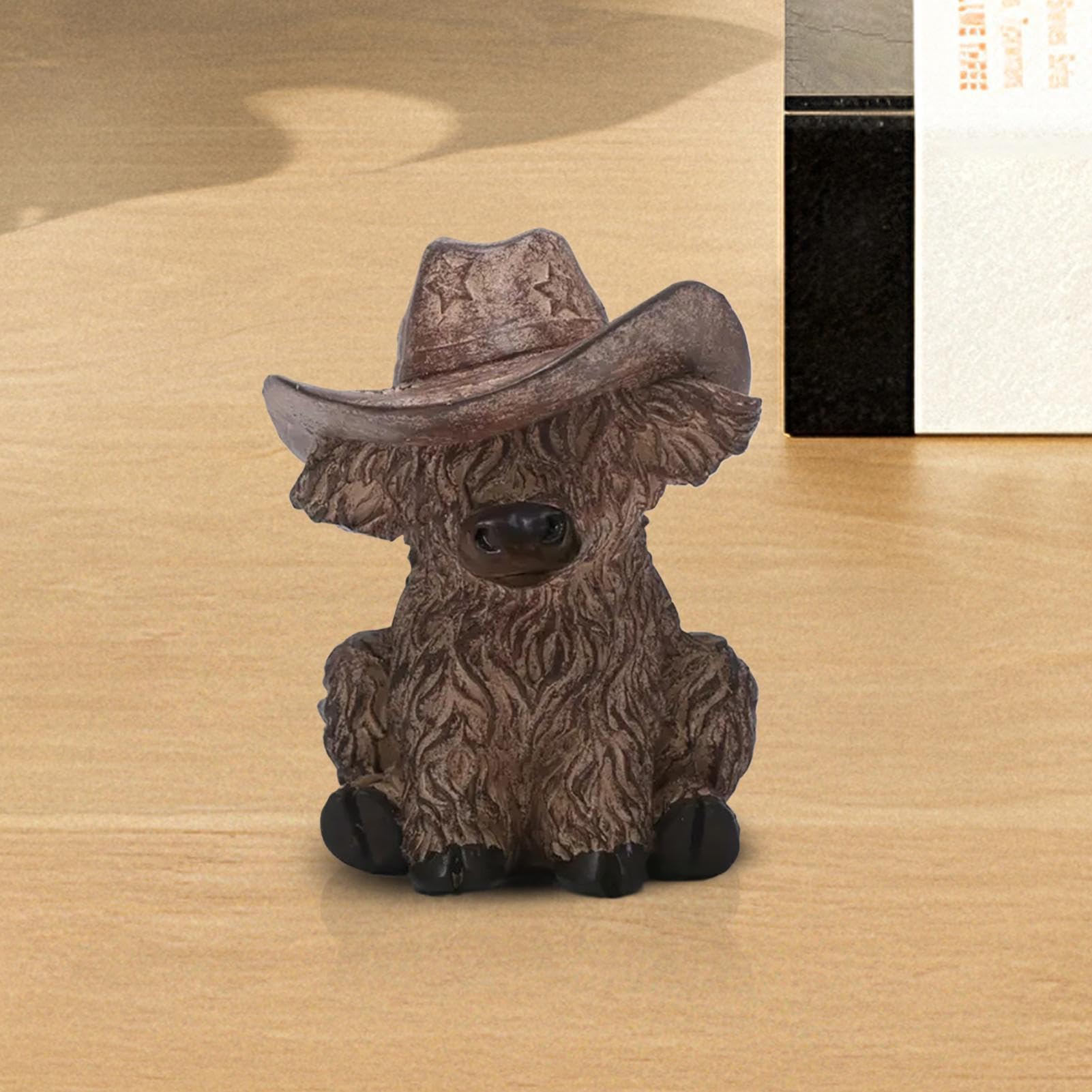 Cow Desktop Sculpture - Highland Cattle Figure with Cowboy Hat
