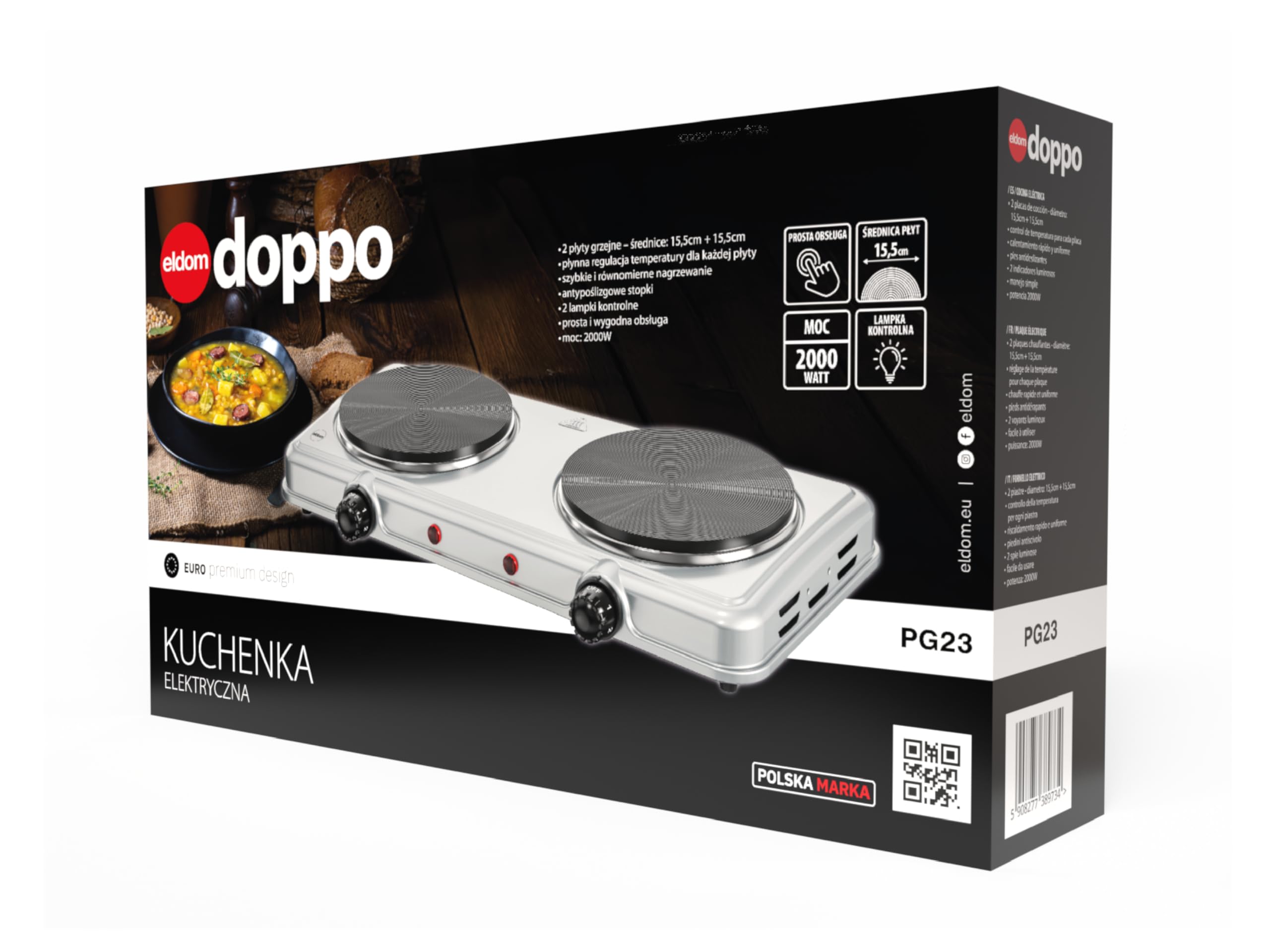 Eldom Doppelkochplatte 2000W Elektrische Kochplatte 2 Platten Tragbar mit Temperaturregelung Camping Kochfeld 2 Kochzonen 15,5 cm