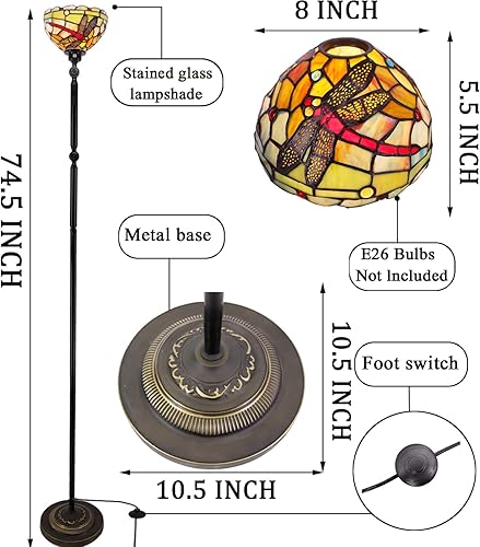 Miniatura 6 de Torchiere Tiffany - Lámpara de pie estilo libélula de colores, lámpara de arco de ángulo de brazo giratorio, lámpara de lectura ajustable de cuello