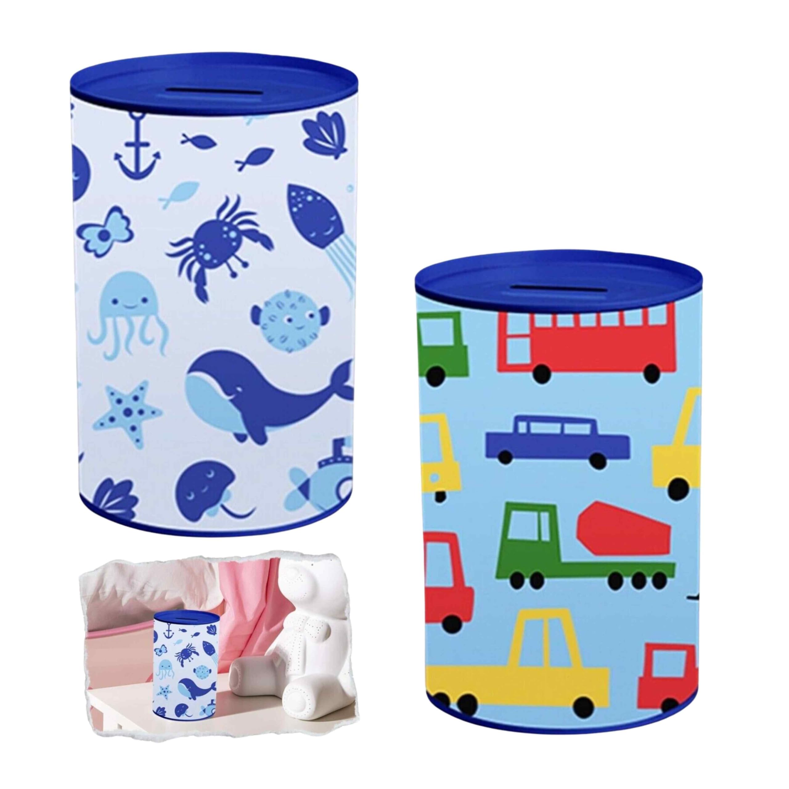 2Pcs Money Box Tins with Trucks and Whale Design, Money Saving Money Box for Kids, Printed Bank Cash Box for Birthday, Holiday & Christmas Fund, Summer Cash Tin Piggy Bank Charity 15cm