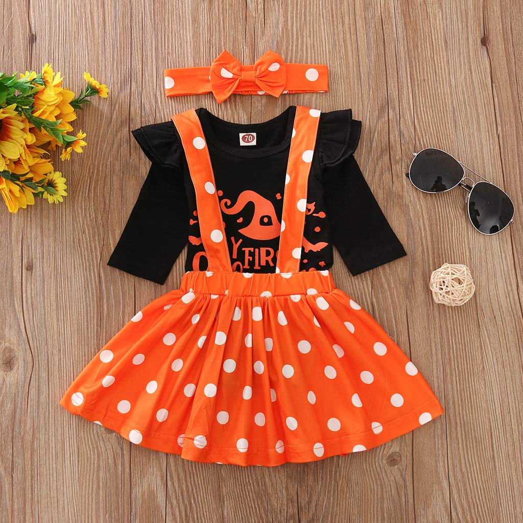 Halloween Toddler Infant Baby Girl Holiday Clothes Long Sleeve Top Pumpkin/Turkey Suspender Skirt Outfit Set (Halloween-Orange Letter,6-12 Months)