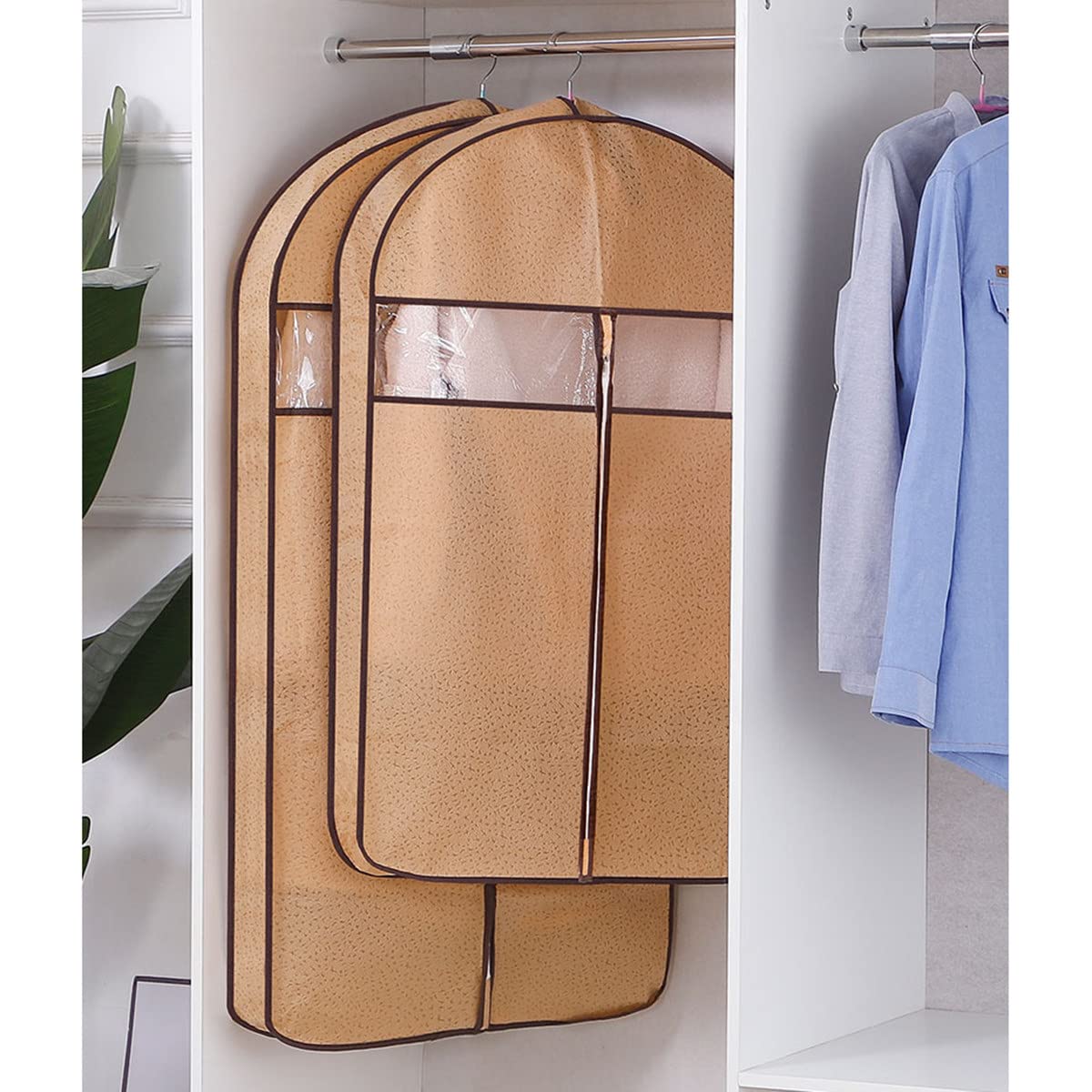 Torba na ubrania, Zestaw 3 toreb z włókniny, torba podróżna na garnitur przezroczystym okienkiem, pokrowiec ubrania, organizer do garderoby(Khaki,130x60x10cm)