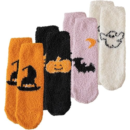 Muteitt 4 Paar Halloween Kuschelige Flauschige Socken Für Damen, rutschfeste Socken, Slipper-socken, Flauschige Socken Für Damen, Winter, Warmes Schlafen