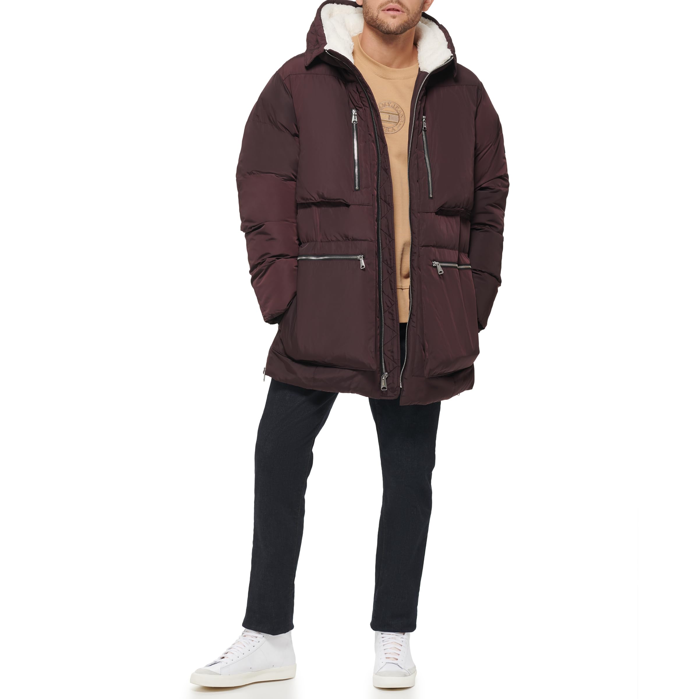 Tommy Hilfiger Heavyweight Quilted Sherpa Hooded Parka für Herren, Port, L – Ansicht 2