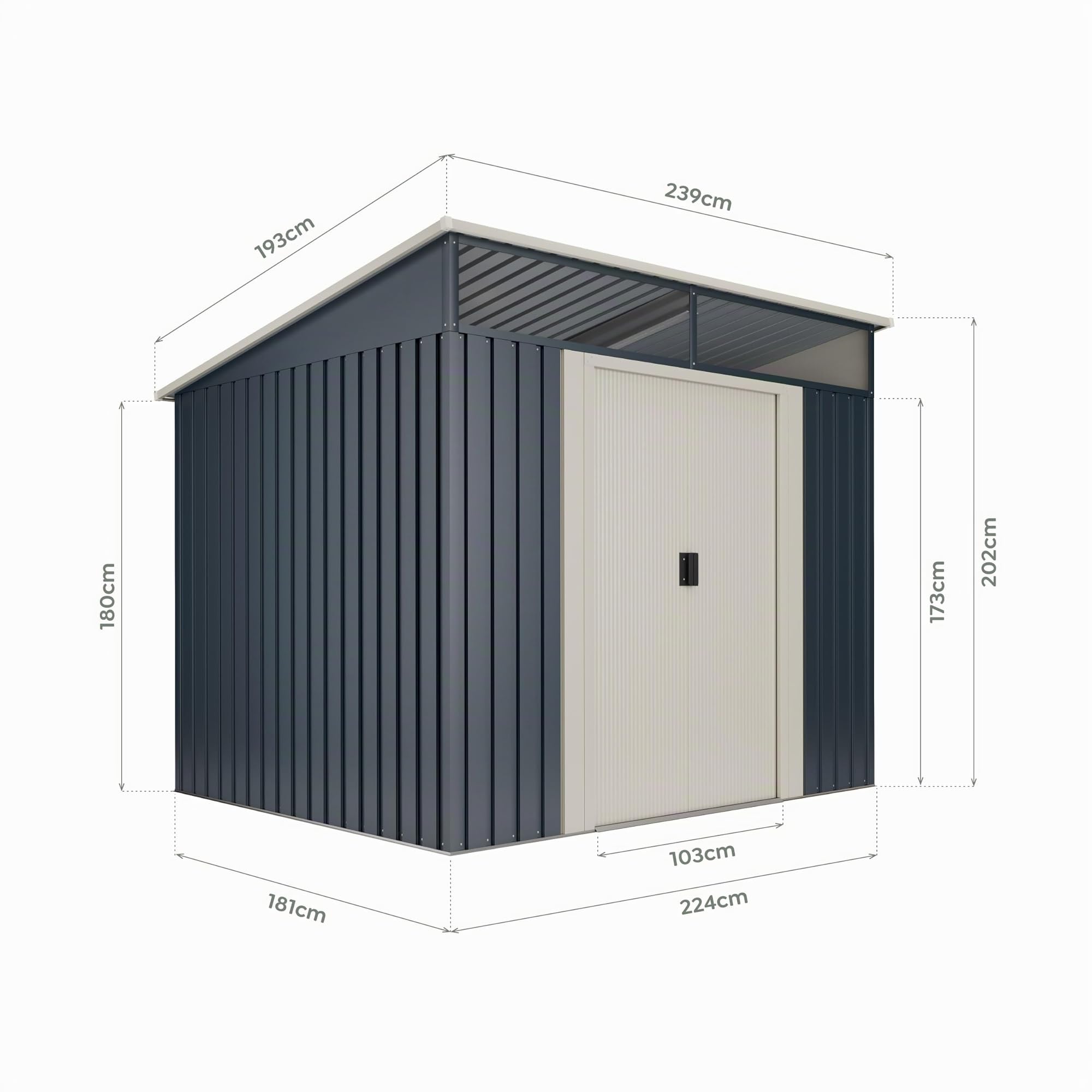 Wasabi - Gartenhaus Metall 4,6m2 Stark – 238 x 193 x 203cm - Oberlicht - Doppelte Schiebetür – Anthrazitgrau – Geräteschuppen XL – Gerätehaus Outdoor Wetterfest