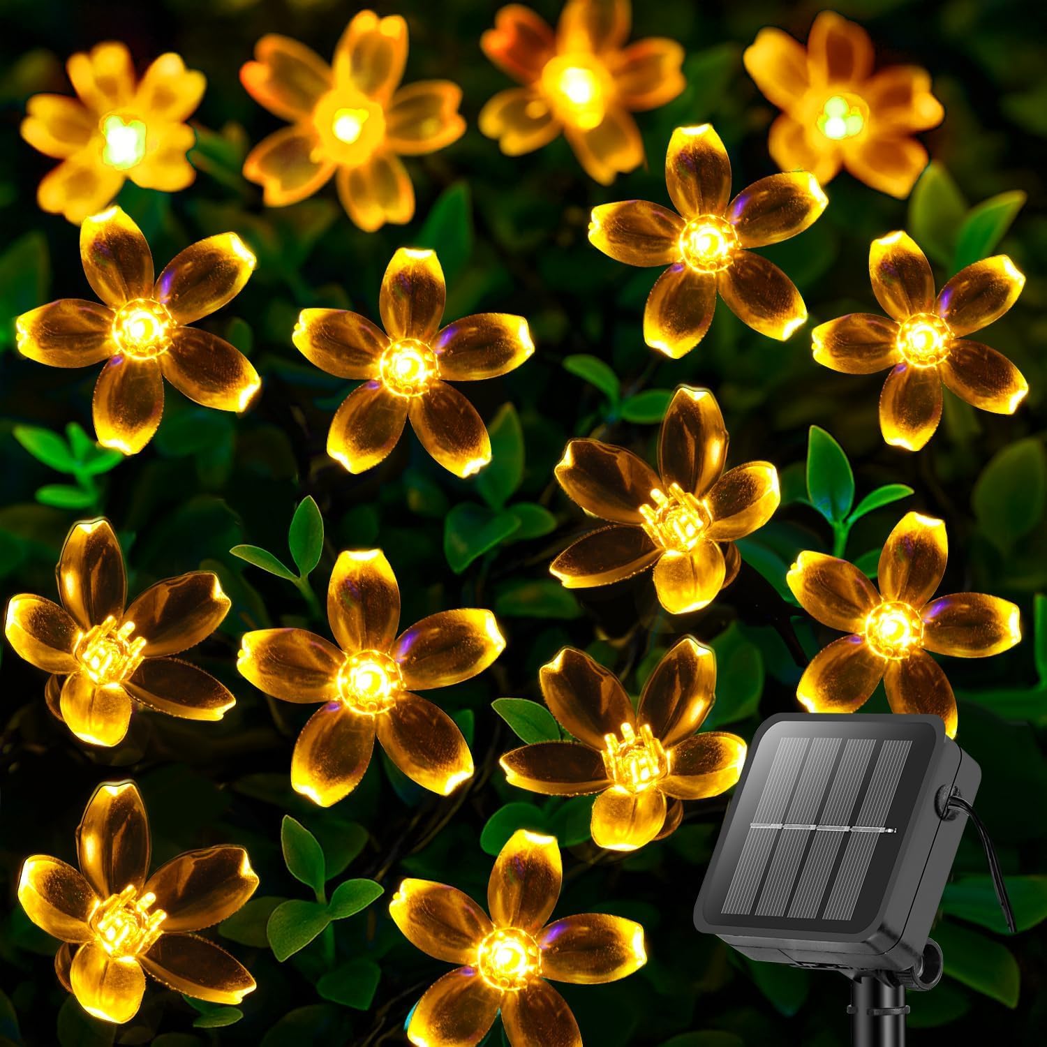 Suyoo Solar String Lights Outdoor Waterproof LED Fairy Lights, 8 Modes Lights for Garden Christmas Party Decorations (Warm White, 12M-Blossom Light)