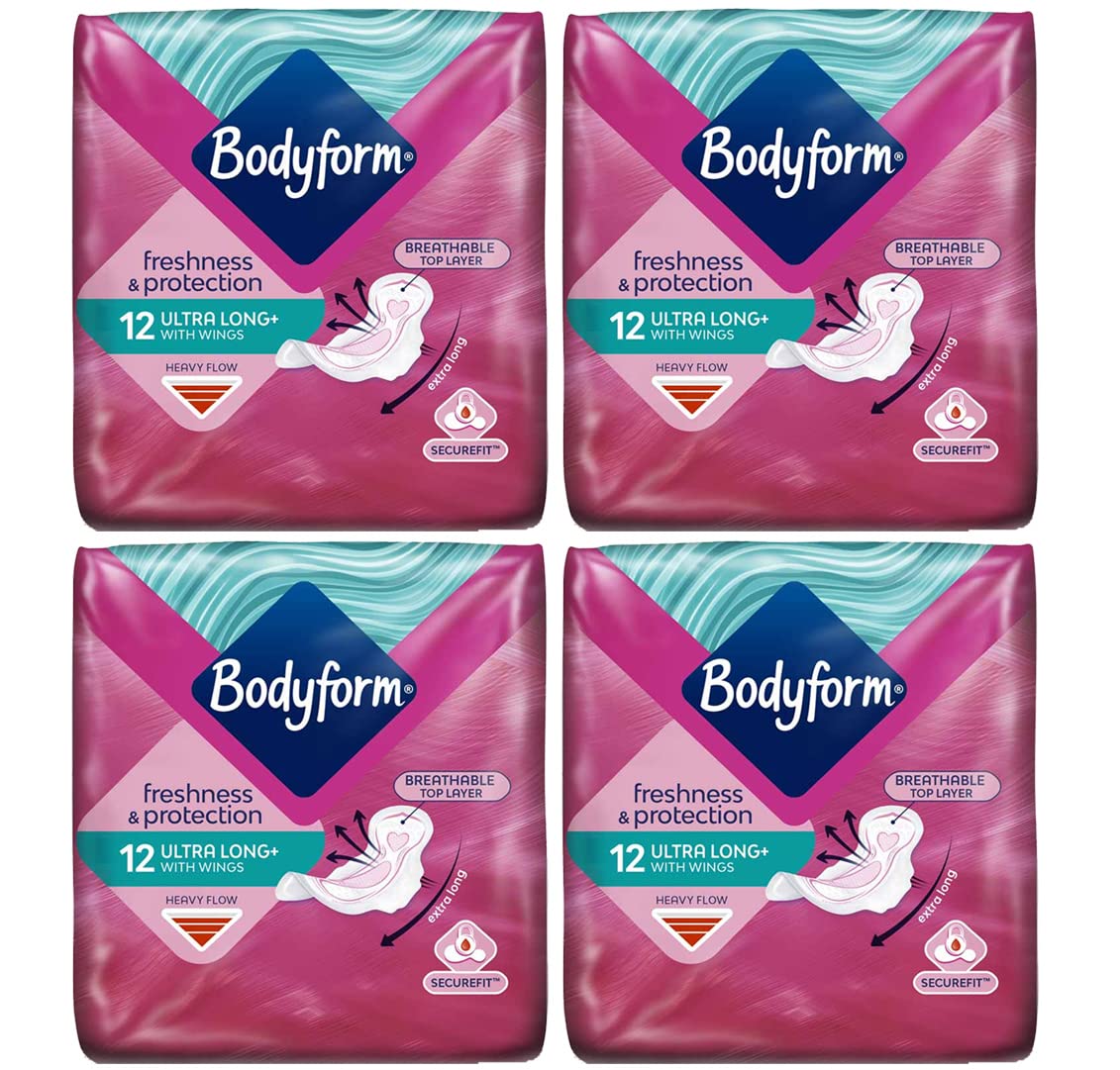 Bodyform Ultra Long with Wings Sanitary Towels Pads 12s, for Heavy Flow - Pack of 4 (48 Pads Total)