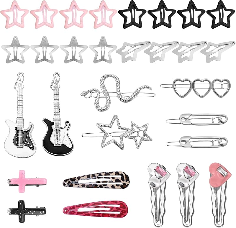 30 Pcs Y2K Hair Clips Set for Girls Women | Kawaii Star Cross Guitar Leopard Print Non Slip Barrettes, 2000s Hair Accessories