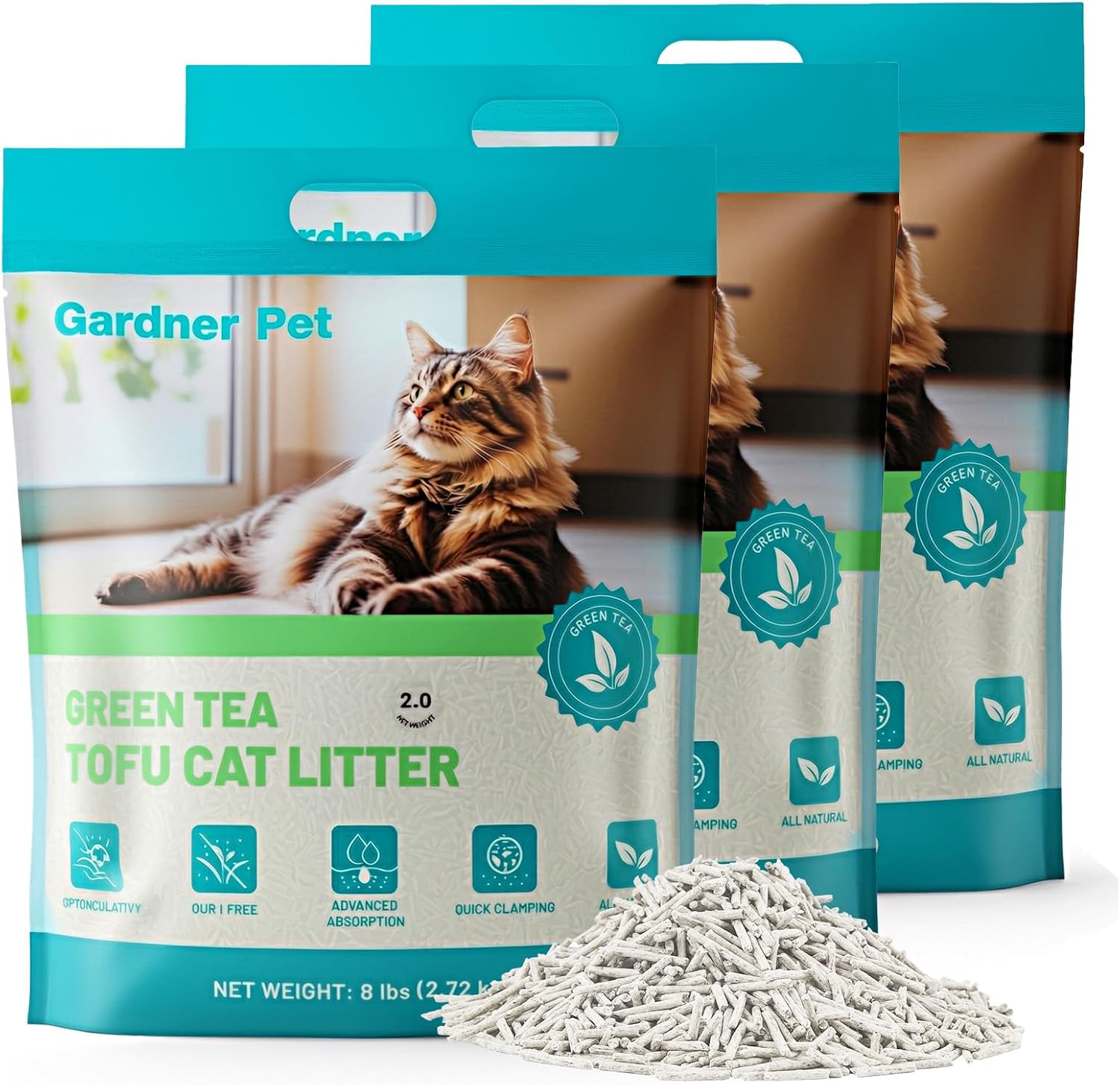 Gardner Pet Natural Tofu Cat Litter with Green Tea Extract – [2026]Fast Absorbing & Strong Clumping, Low Dust, Flushable Cat Litter for Odor Control, Easy Scooping for Multi-Cat Homes, 6 lbs x 3 Pack