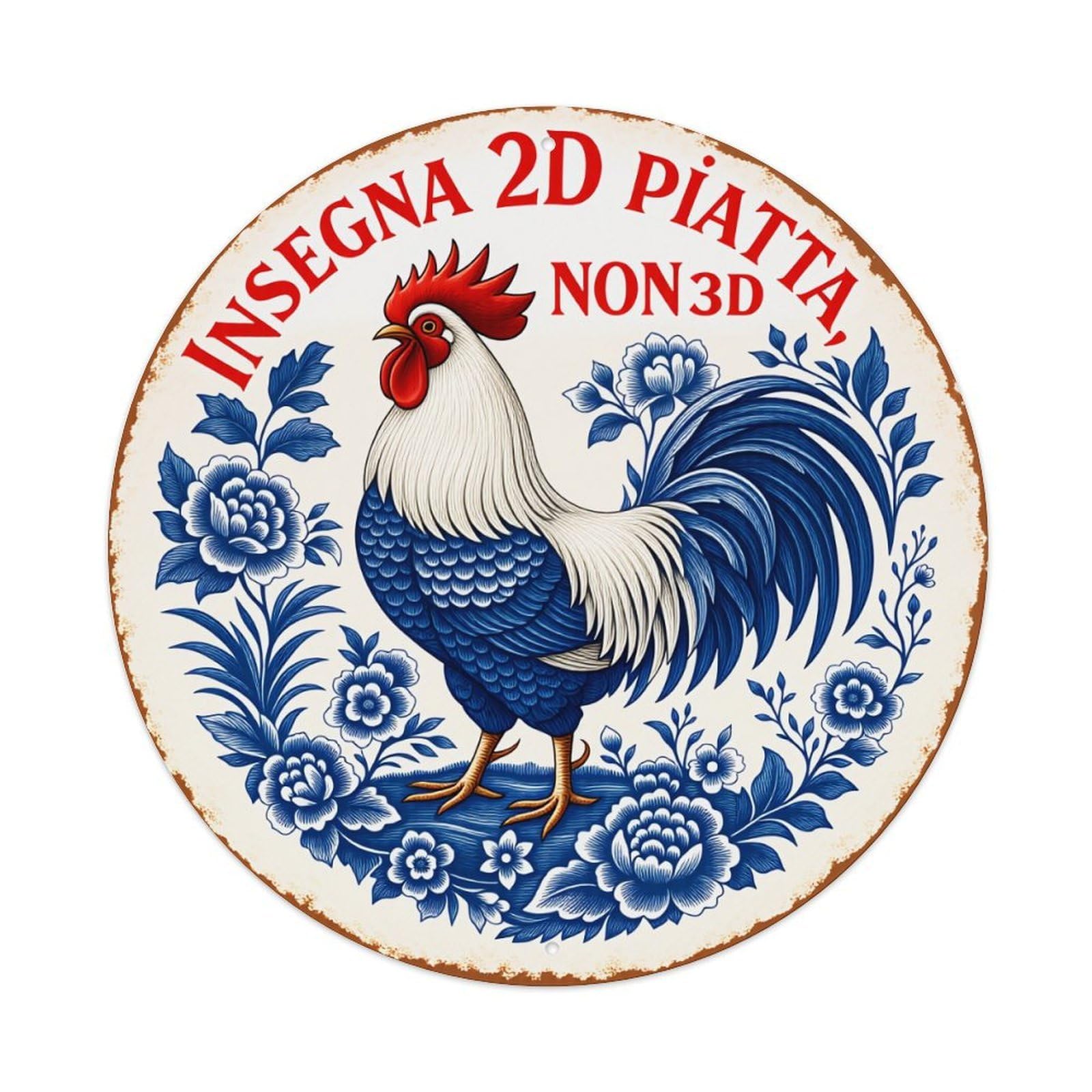 Lzwbntey Vintage Blue Rooster Floral Pattern Design Metal Tin Sign Retro Wall Decor For Home Bar Garage Cafe, Indoor & Outdoor Decorative，Circle Metal Poster, 8X8 Inch