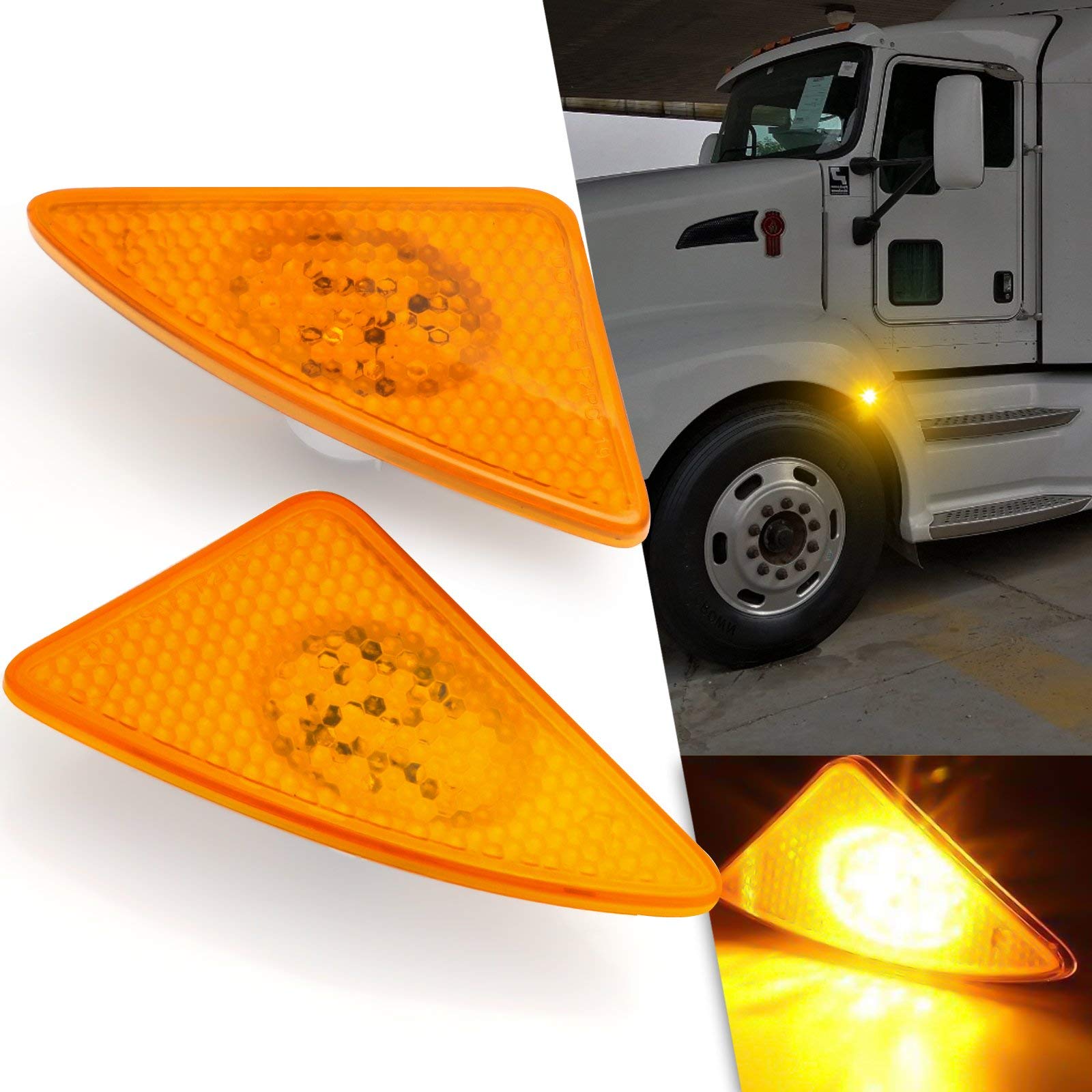 Xotic Tech 2pcs Front Side Marker Signal LED Light Lamp Compatible with Kenworth T660 T170 T270 T370 Semi-Trucks 2008-2017, 3000K Amber 12-SMD (Part # P54-1085-L P54-1085-R)