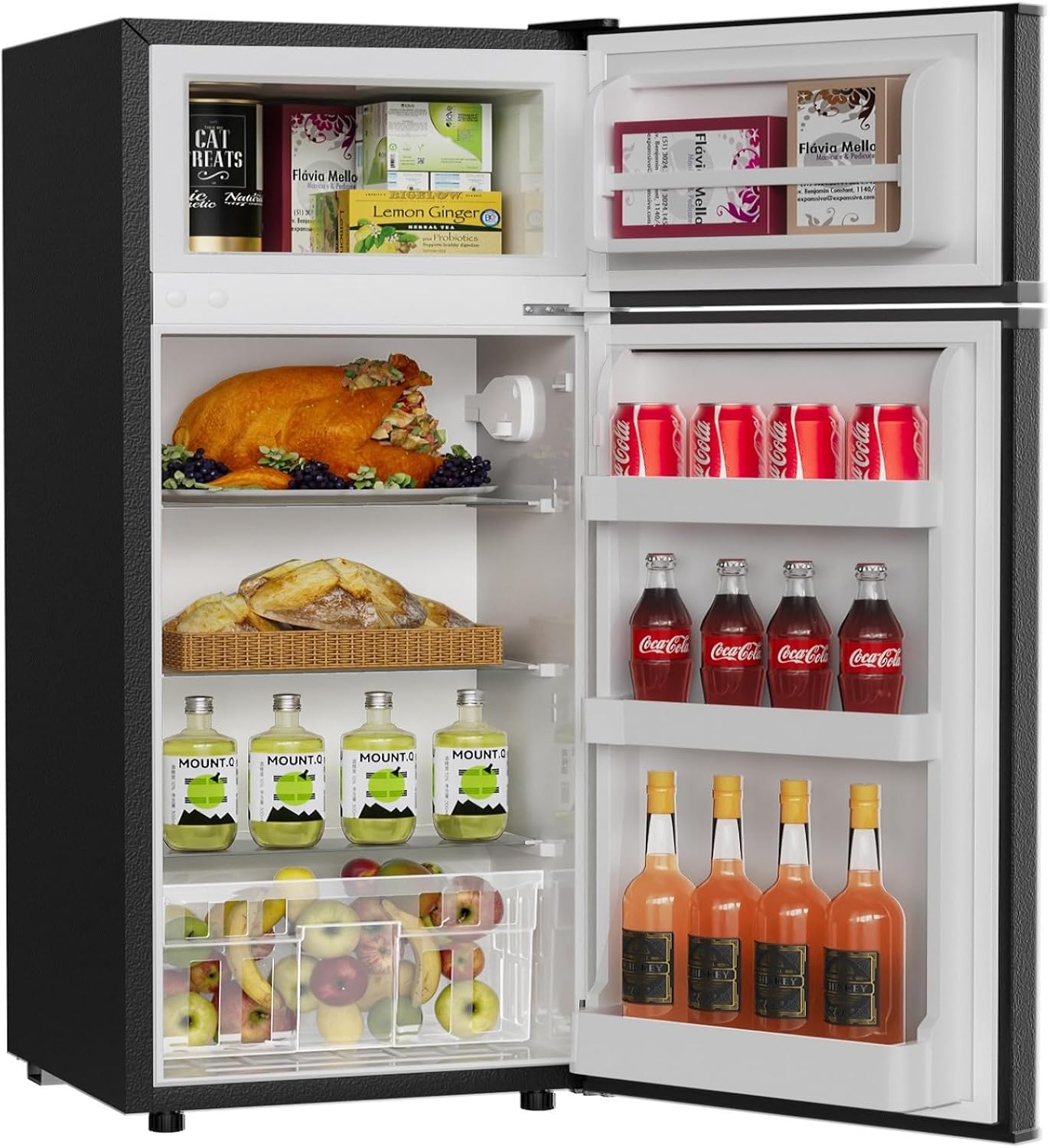 TABU 4.5 Cu.Ft Refrigerator with Top Freezer, Compact Double Door Fridge with Adjustable Thermostat & Removable Shelves, for Home, Office and Apartment, Black