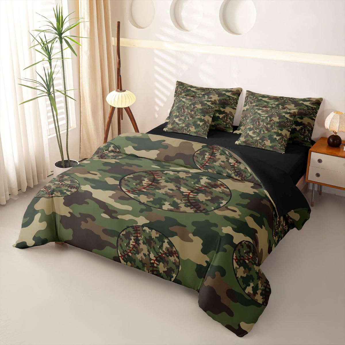Loussiesd Juego de funda de edredón verde y marrón, tamaño King, 7 piezas, ropa de cama de béisbol para niños y niñas, con funda de edredón, sábanas, fundas de almohada, fundas de cojín