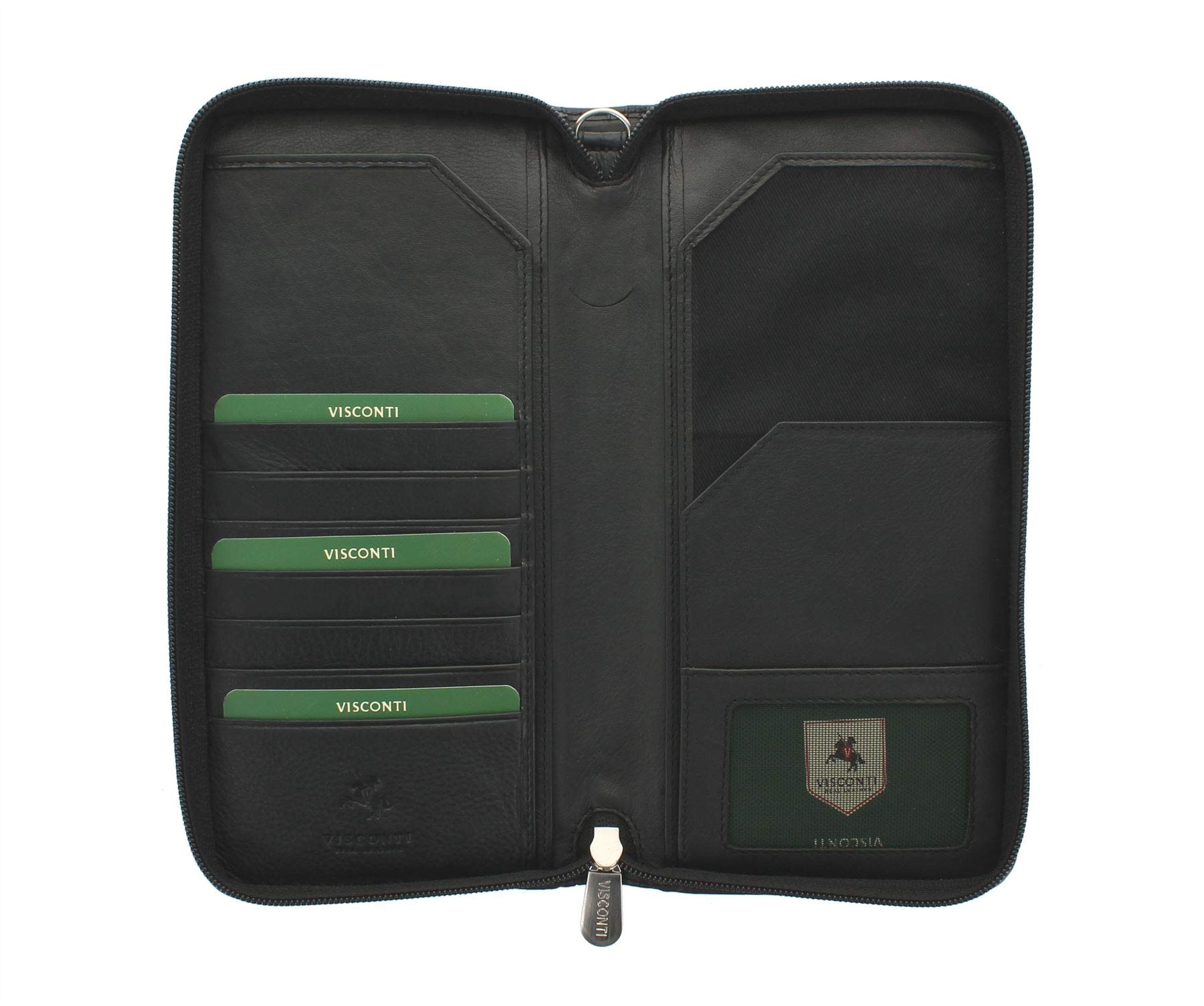 VISCONTILeather Zipped Travel Document Holder & Strap RFID Blocking 1157 Black