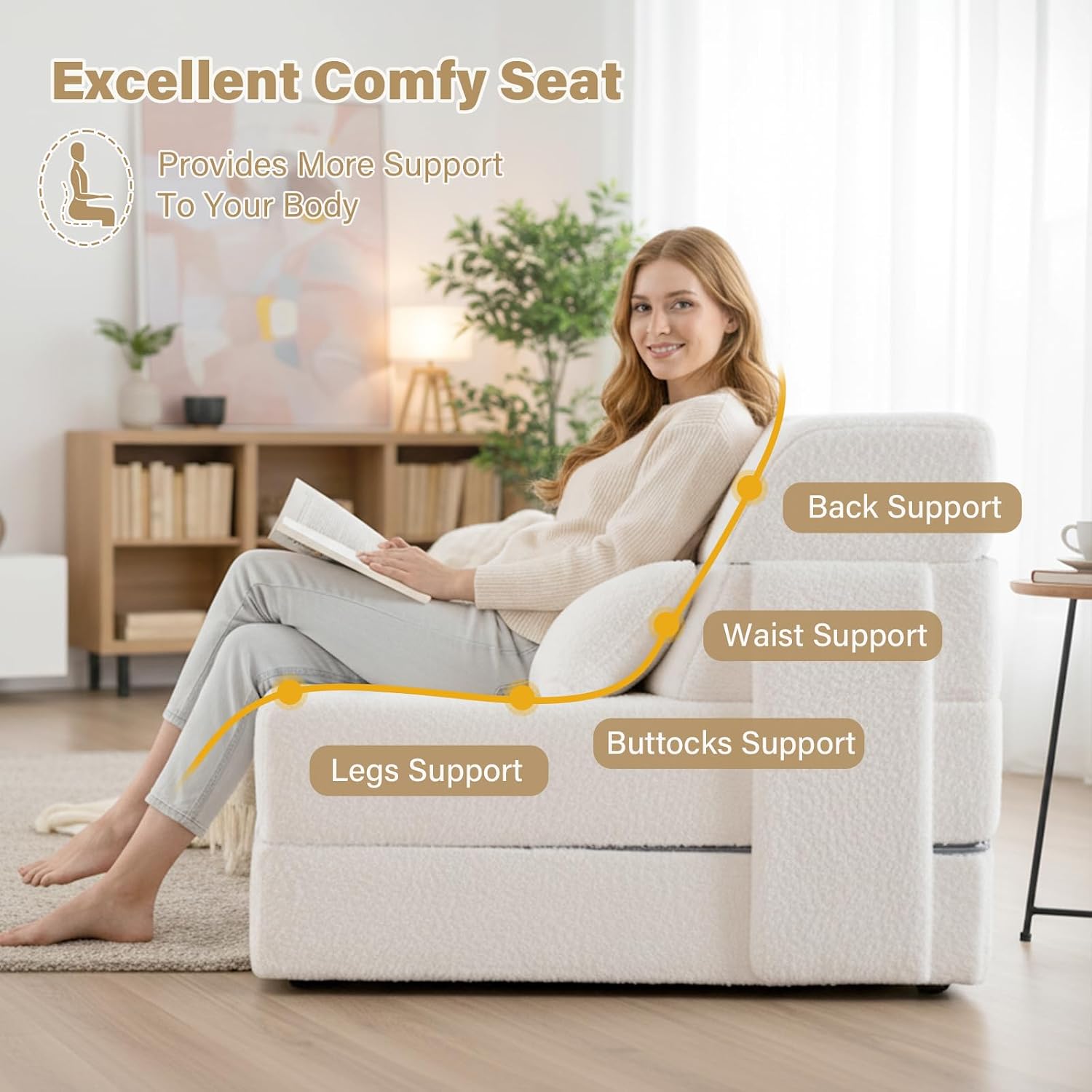 Tiita Convertible Folding Sofa Bed Mattress with Pillow & Side Pocket, Plush Fabric Floor Mattress Couch Bed, Washable Cover, Twin Size, Beige image 4