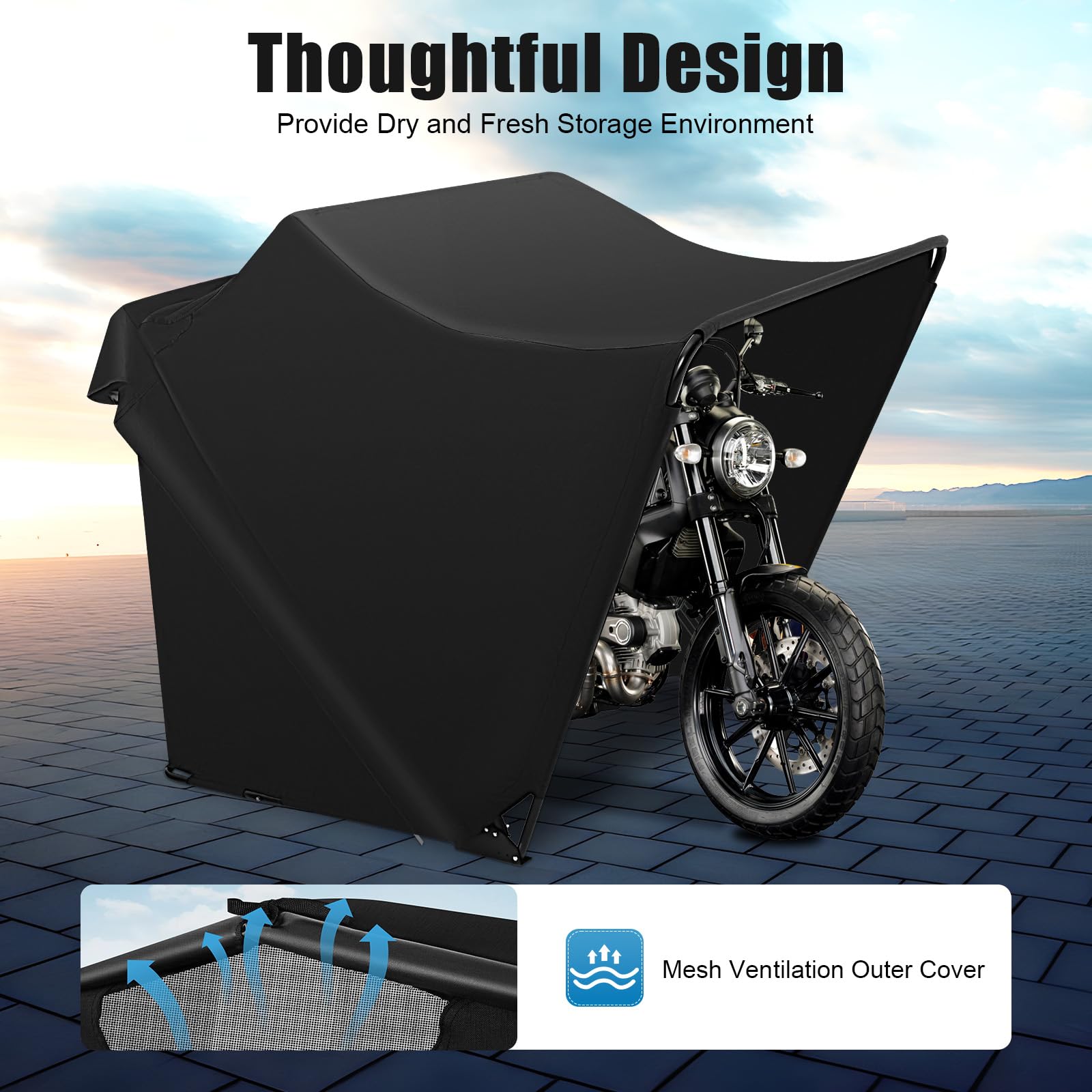 Garage pieghevole per moto, in tessuto Oxford, impermeabile, antipolvere, protezione UV, per moto, scooter, biciclette, ciclomotori, motocross, 270 x 105 x 155 cm, colore nero