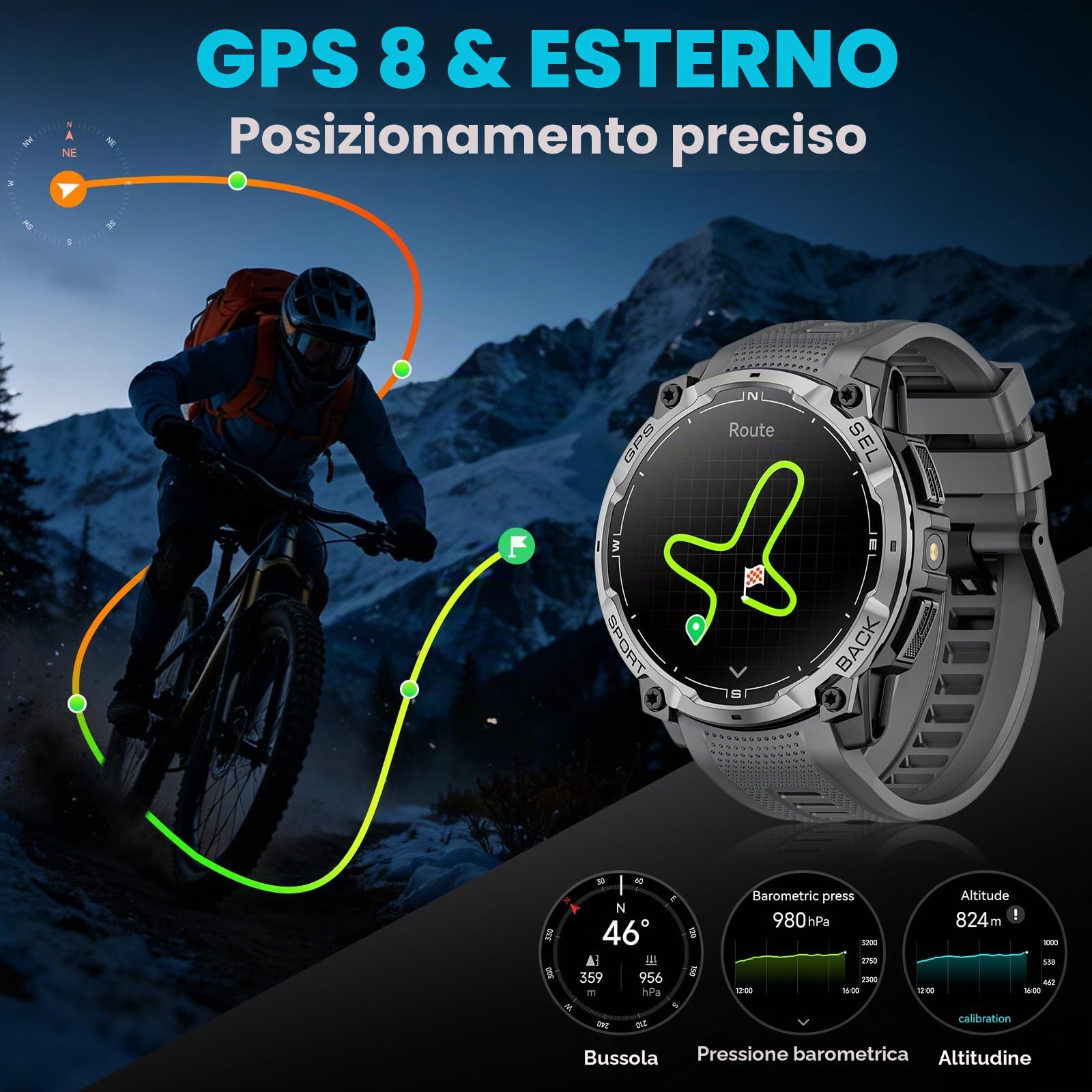 Smartwatch Uomo con GPS, 1.43" AMOLED HD Orologio Smart Watch Militare con Chiamata Bluetooth, Torcia LED, Bussola, Cardiofrequenzimetro, 100+ Modalità Sportive Fitness Tracker per Android iOS