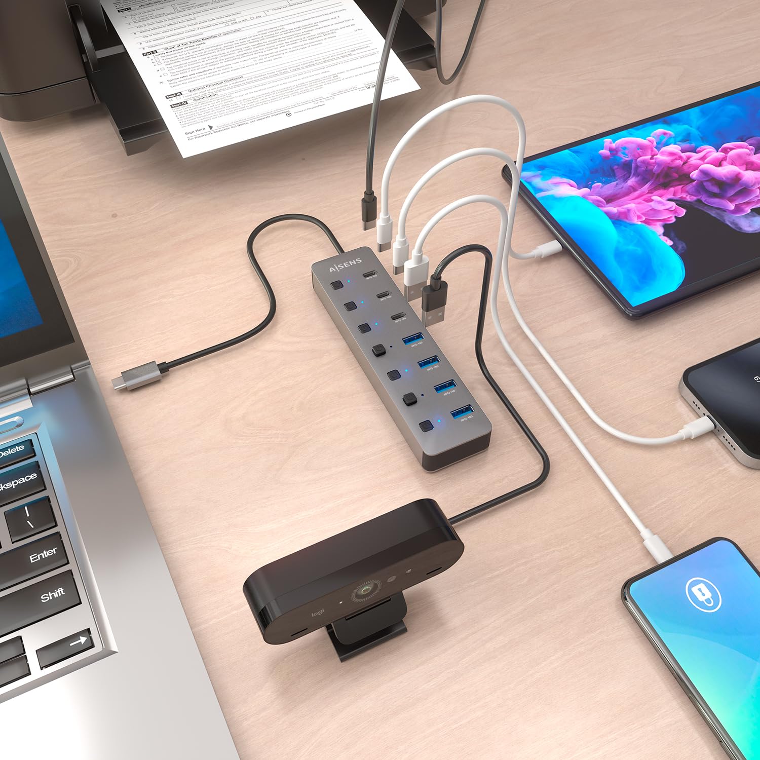 AISENS ASUC-8P044-GR - HUB USB3.2 Gen2 10G USB-C, USB-C/M-4xUSB-A/H+3xUSB-C/H+1xUSB-C/H PD3.0 100W, Gris, 30 cm