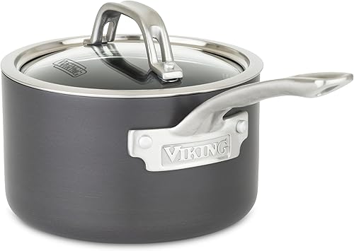 Viking Sartén antiadherente con tapa de vidrio, cacerola antiadherente anodizada dura de 2 cuartos de galón, apta para lavavajillas y horno, lista