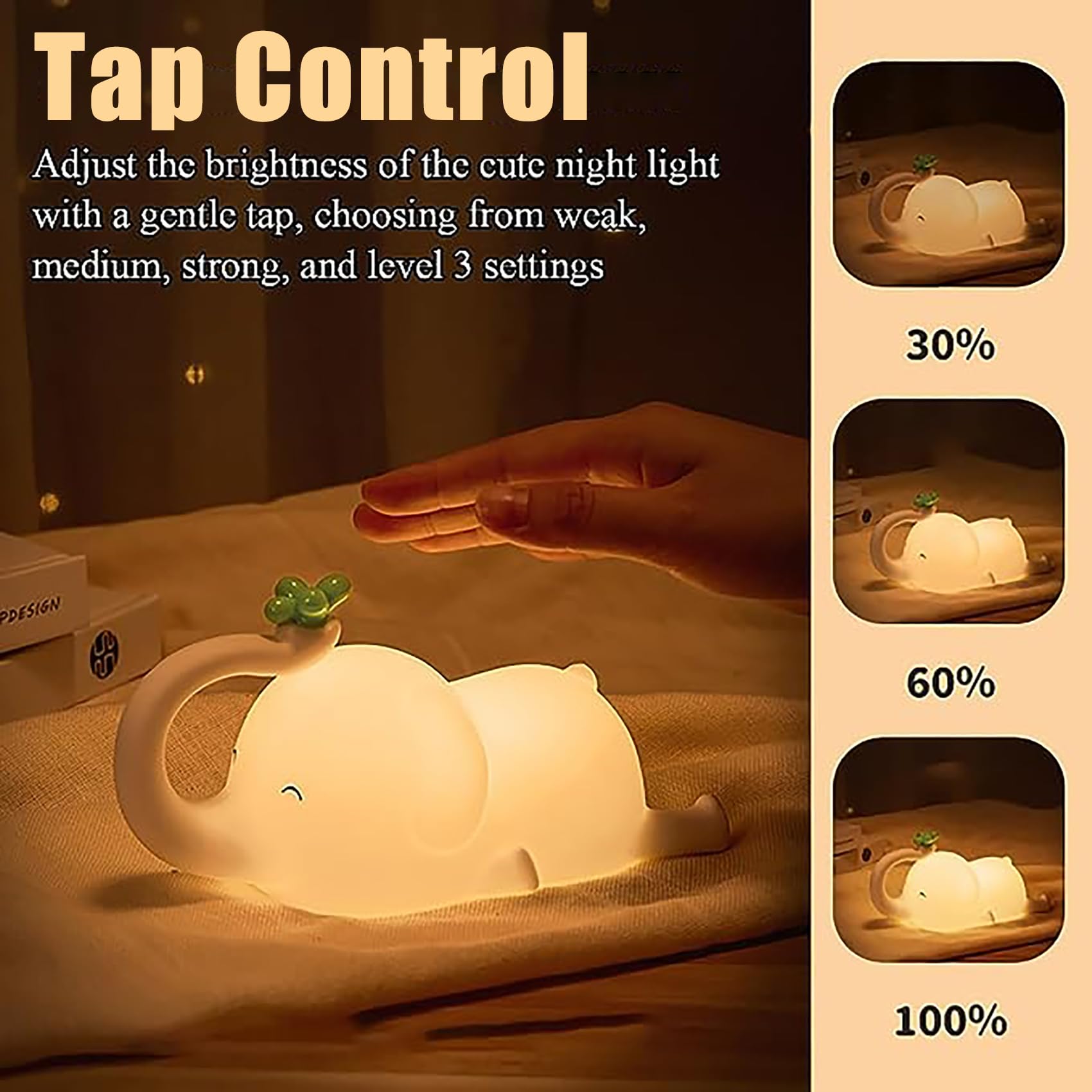 Luz Nocturna Infantil Elefante con Temporizador Recargable Luz de Noche Bebé Brillo Ajustable Lámpara Bebé Nochede de Silicona para Niñas Niños (2 Pieza)