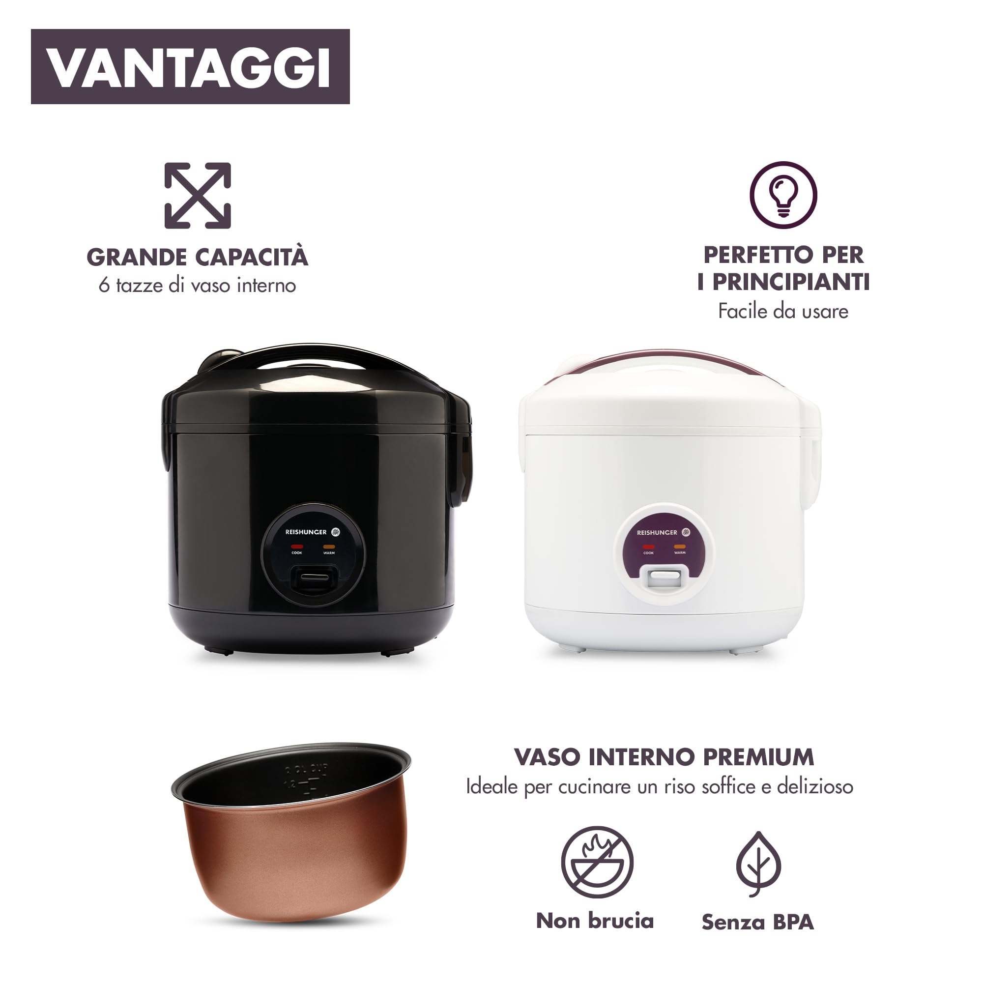 REISHUNGER Cuociriso Elettrico e Vaporiera con Funzione di Mantenimento del Caldo - Per 1-6 Persone, 1,2 L - Preparazione Rapida Senza Bruciature - Rivestimento Antiaderente