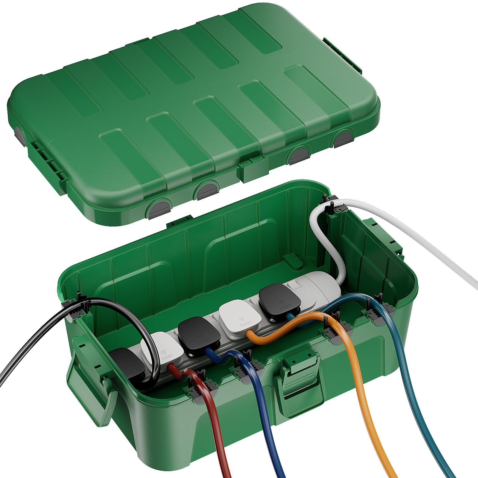 RESTMO Extra Large Weatherproof & Sand Proof Electrical Box, IP54 Outdoor Extension Cord Cover, Protect Outlet, Plug, Socket, Timer, Power Strip, Holiday Light Decoration, 32 x 22 x 13 cm, Green