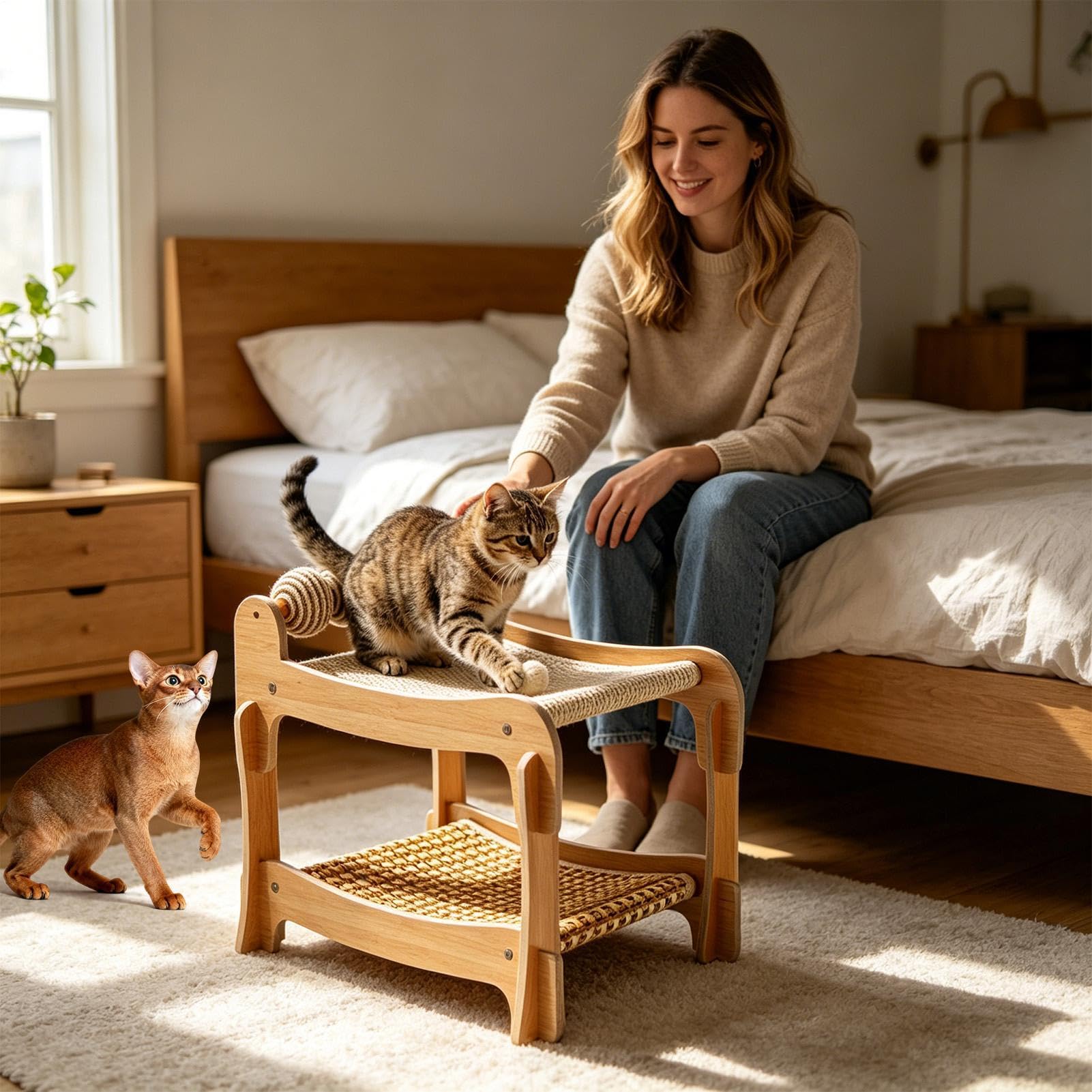 Cama elevada para gatos Estructura De Madera Transpirable Y Elevada De Dos | Cama Rascador Poste Para Gatos En Hogar, Dormitorio, Apartamento, Habitación, Salón, Residencia, Piso, Cuarto,