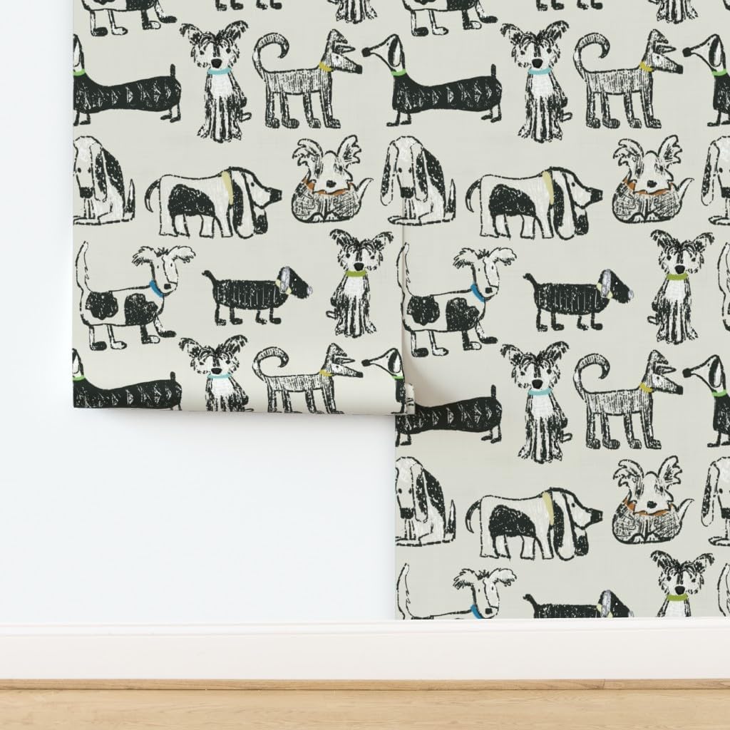 Peel & Stick Wallpaper 6ft x 2ft - Doggone Gender Neutral Black Dogs Pet Animal Puppies Sketch Custom Removable Wallpaper by Spoonflower