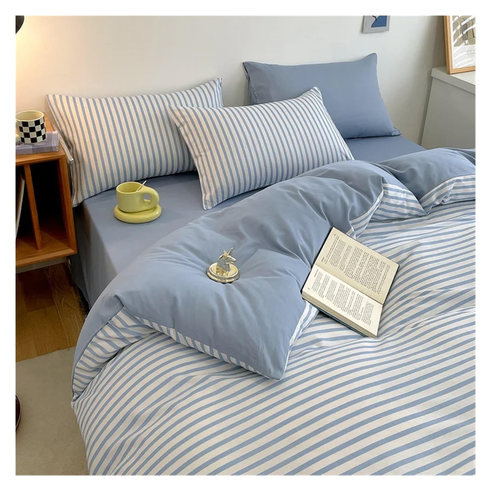 Komplet pościeli, komplet pościeli King, bawełniany Simple Comfort 4-częściowy zestaw, 600s nici, niebieski pasek, 1 prześcieradło, 1 poszwa na kołdrę, dwie poszewki na poduszki (Blu Twin)