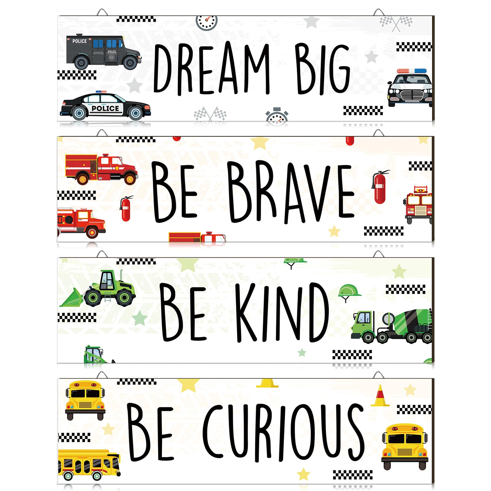 4 Pieces Vehicle Kids Room Wall Decor Car Trucks Decor Car Themed Room Decor Boy Wall Decor Wooden Hanging Wall Plaques Inspirational Wooden Sign for Boys Kids Bedroom Nursery Playroom Decor