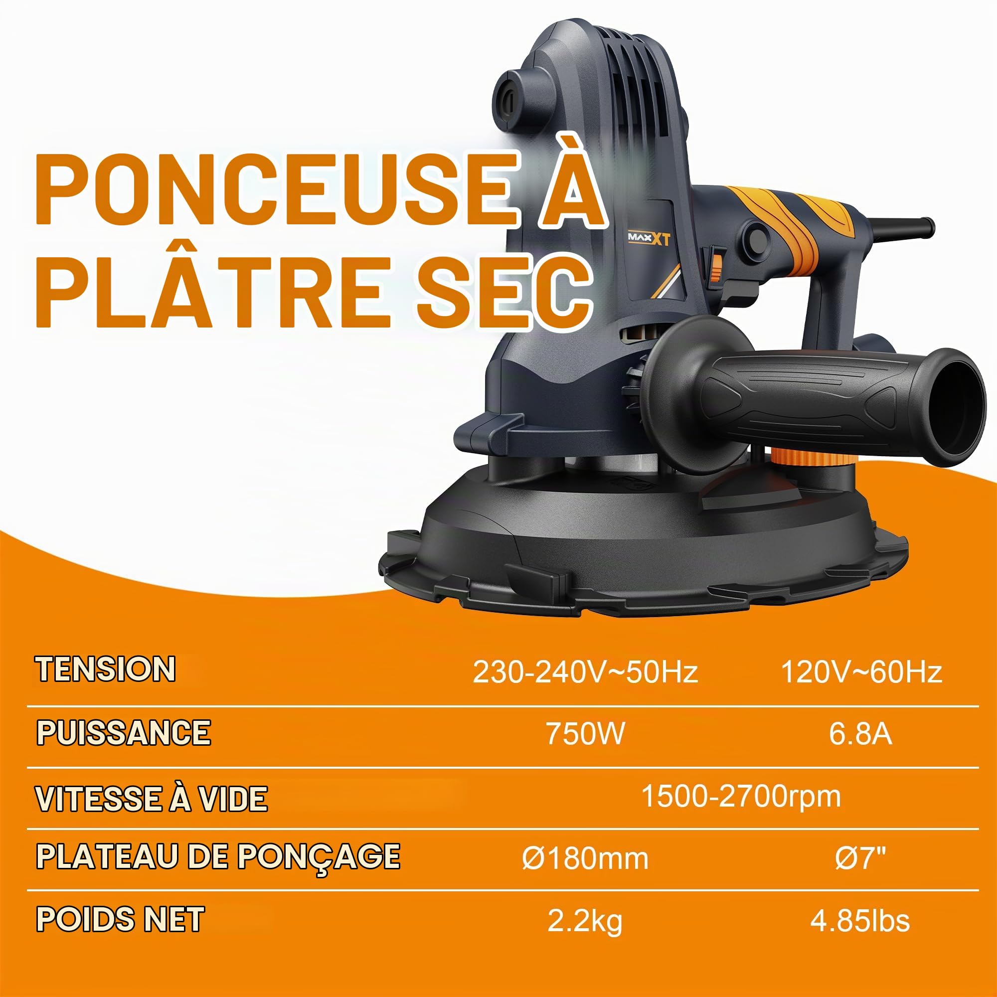 MAXXT Ponceuse manuelle pour cloison sèche, 1500-2700 tr/min, vitesse variable, 750 W, ponceuse électrique pour murs, aspiration réglable